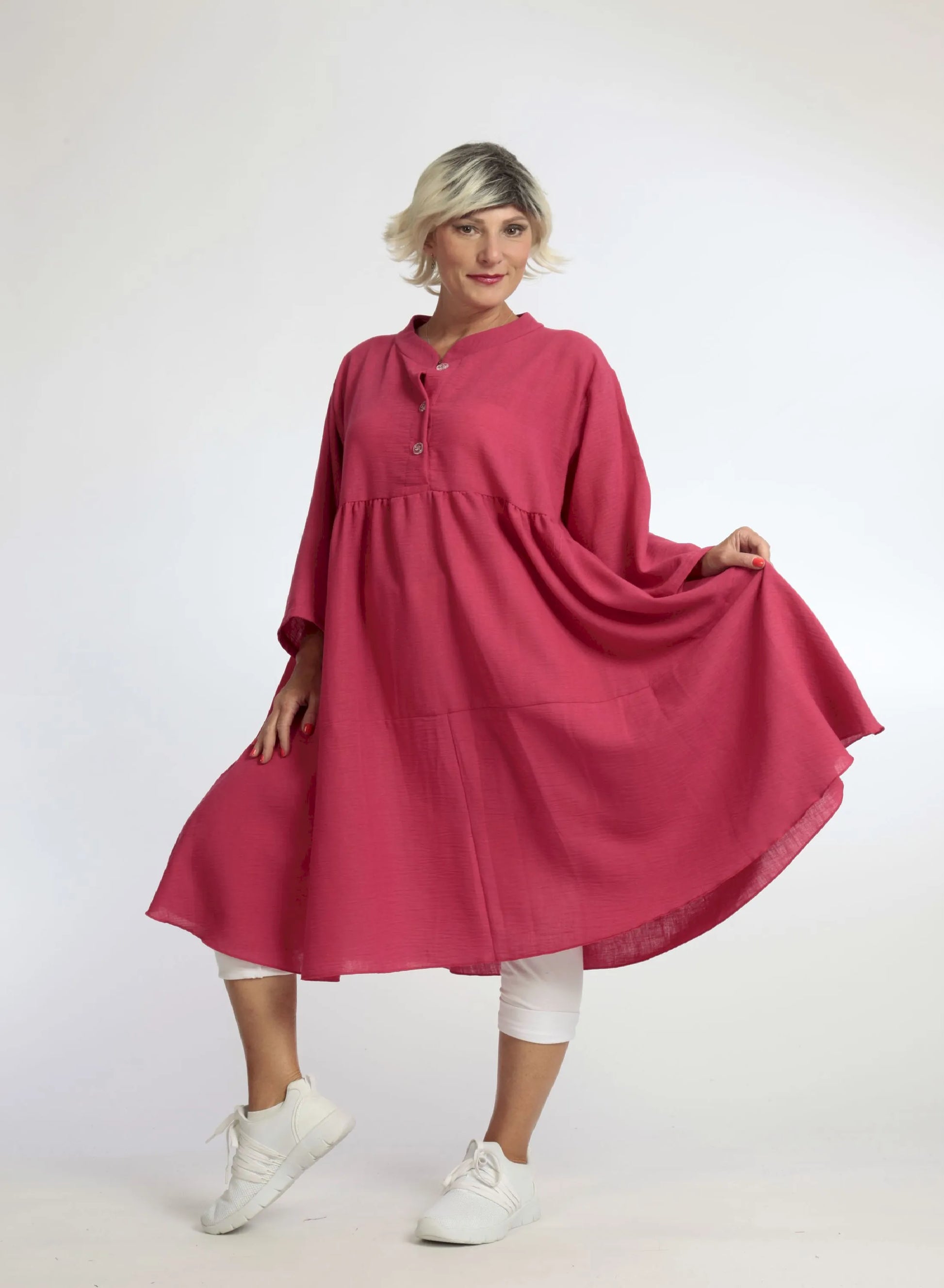  A-Form Kleid in strahlendem Fuchsia mit Stehkragen und 3/4-Ärmeln, ideal für Frühling und Sommer