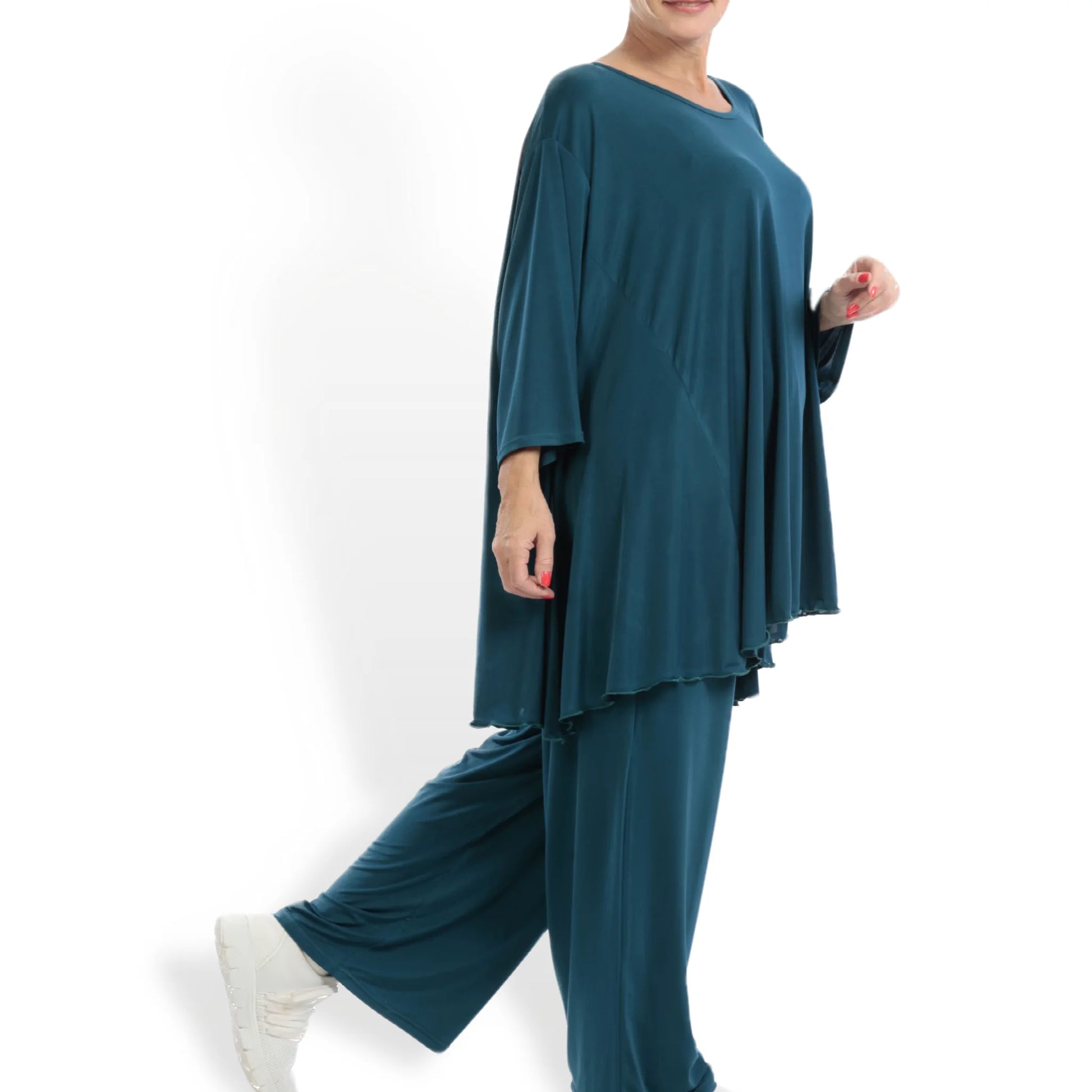  Elegantes A-Form Shirt in schickem Petrol mit luftigem Slinky-Material in Plus Size