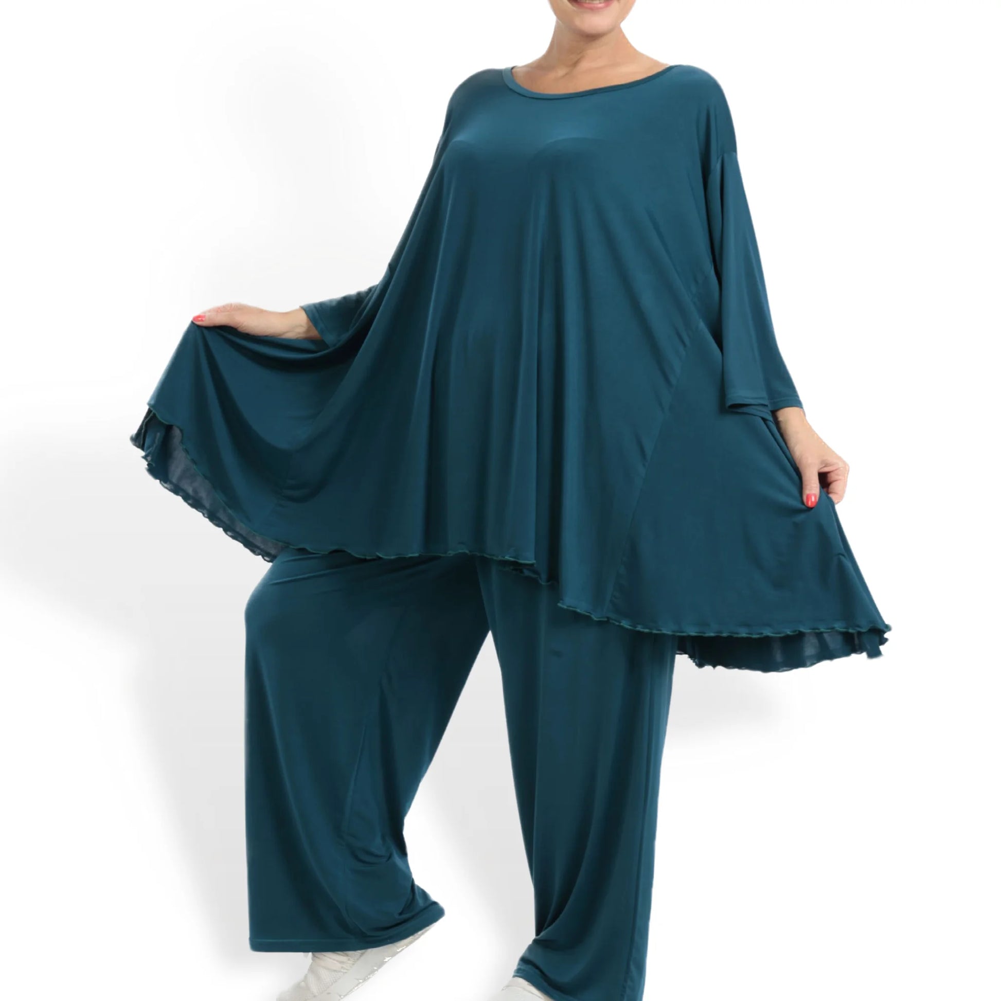  Elegantes A-Form Shirt in schickem Petrol mit luftigem Slinky-Material in Plus Size