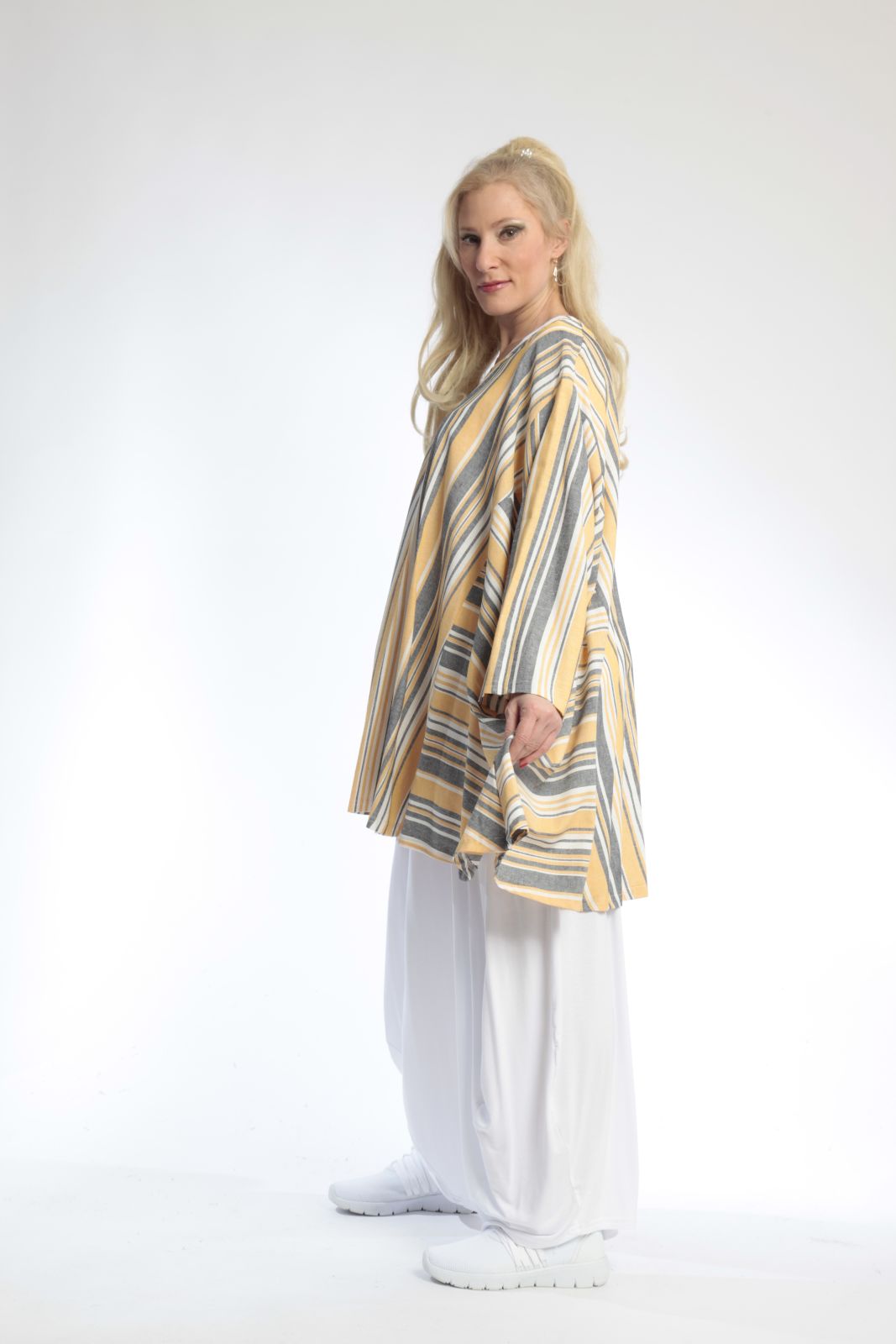  A-Form Bigshirt von AKH Fashion aus Viskose, 0805.00593, Gelb, Streifen, Schick, Modern