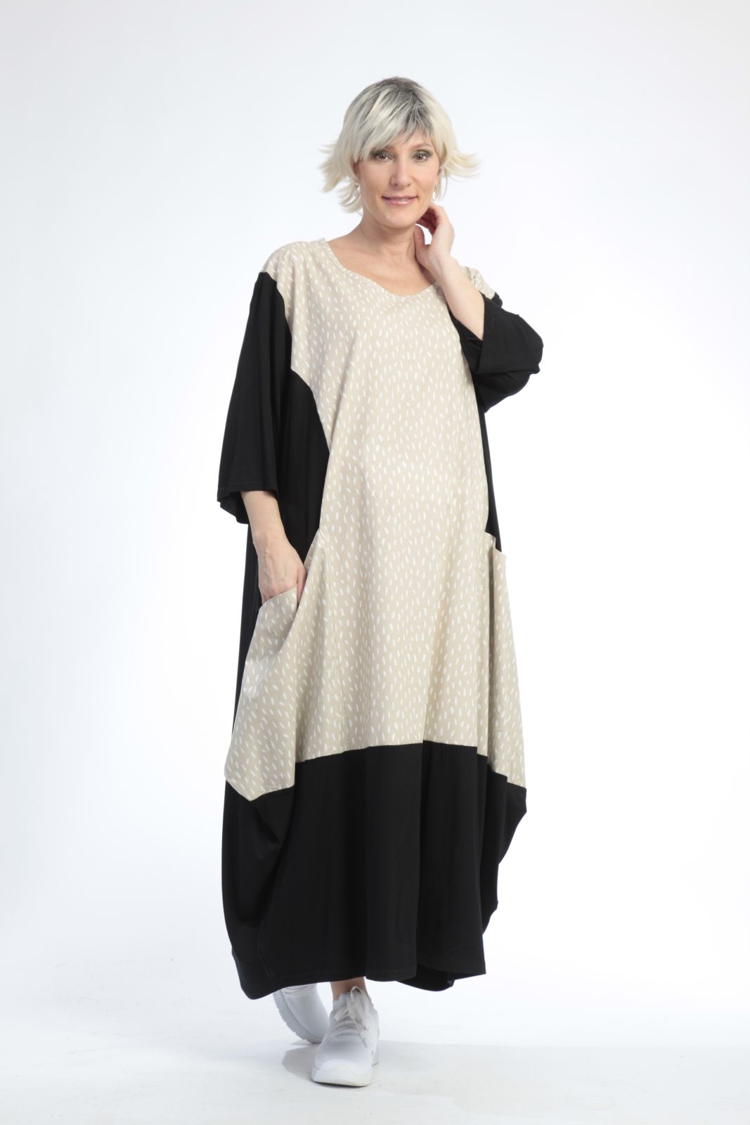  Ballonkleid von AKH Fashion aus Baumwolle, 0848.01923, Schwarz-Beige, Punkte, Schick
