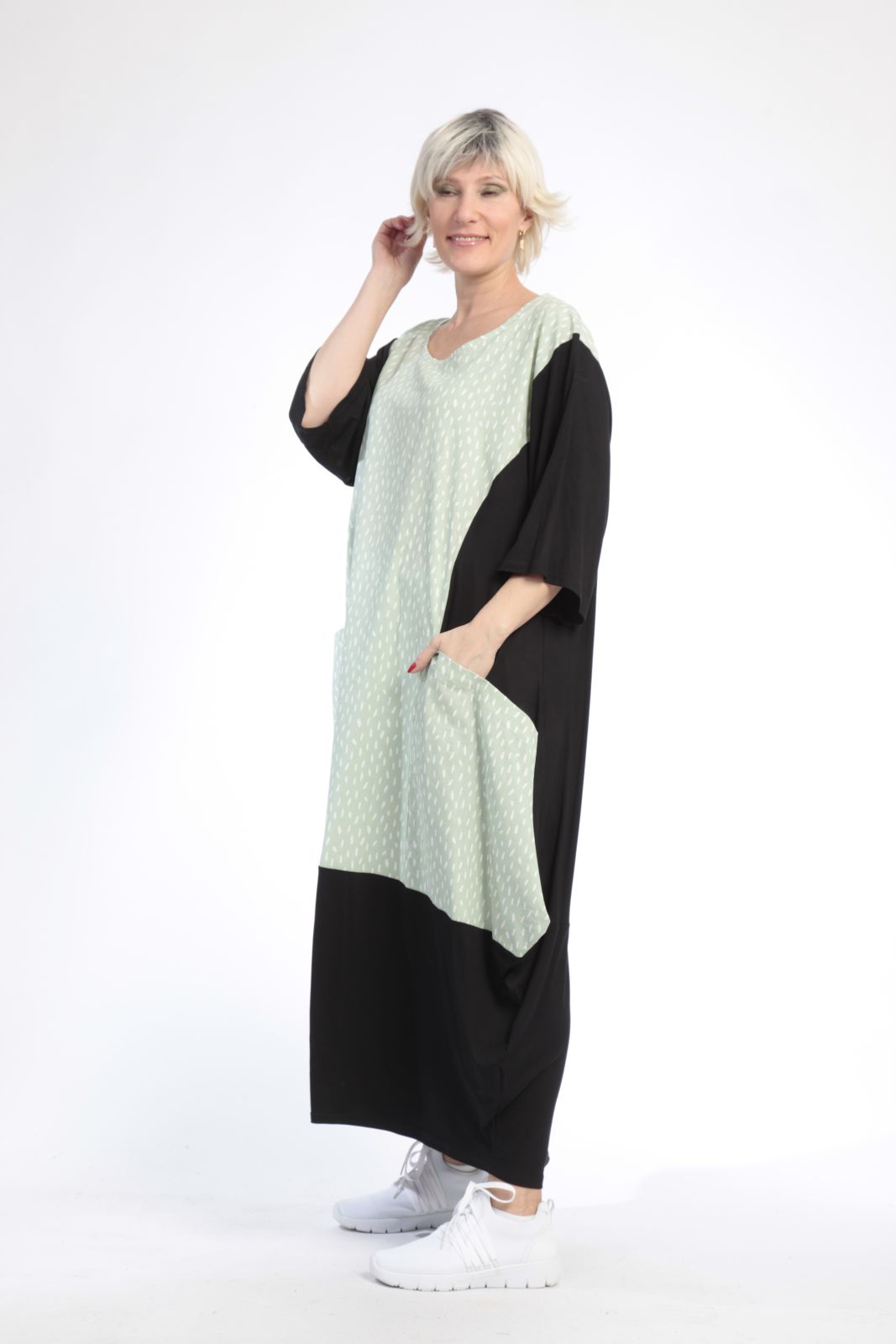  Ballonkleid von AKH Fashion aus Baumwolle, 0848.01923, Schwarz-Hellgrün, Punkte, Schick