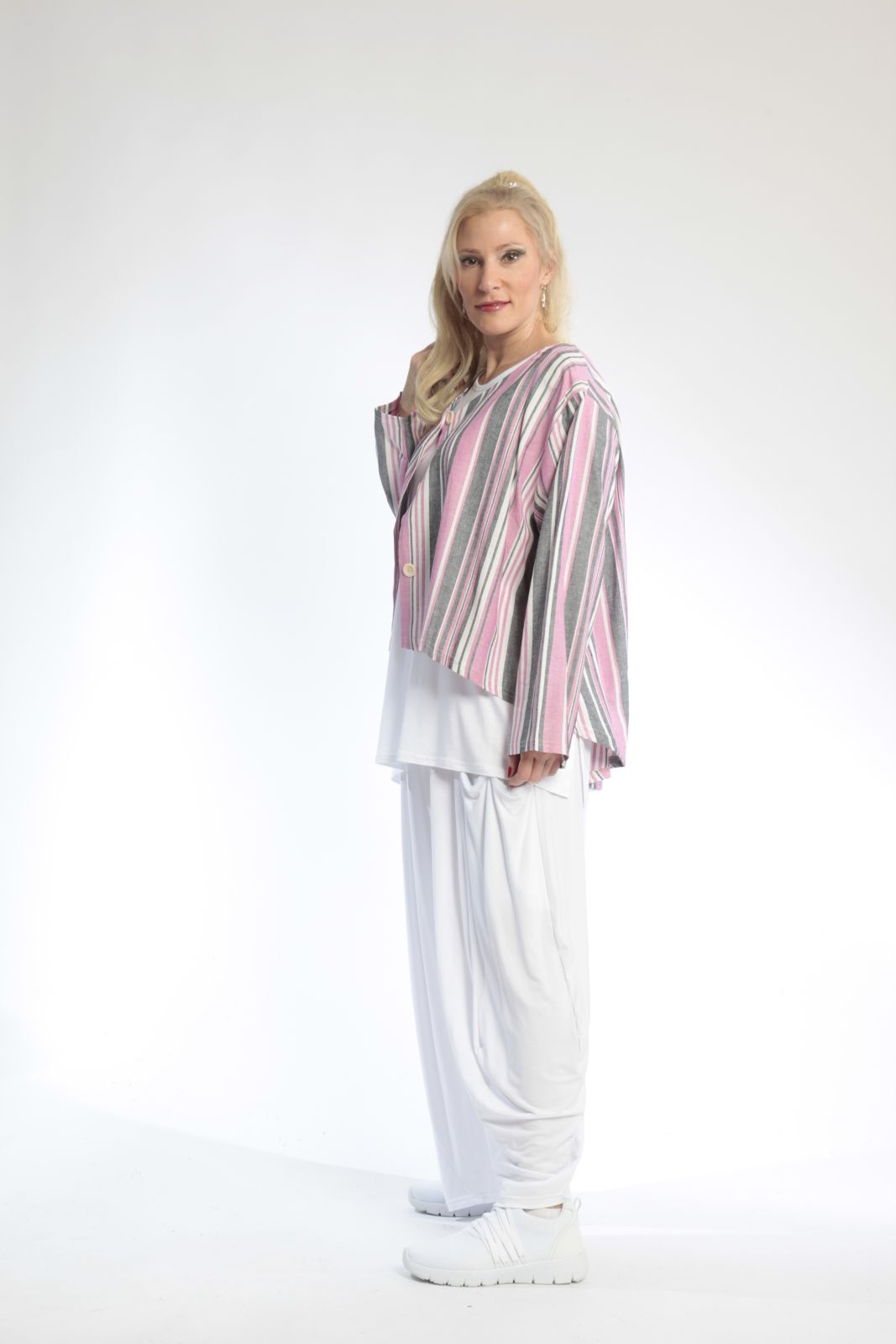  AKH Fashion Jacke in gerundeter Form, aus Viskose, 0805.00130, Pink, Streifen, Schick