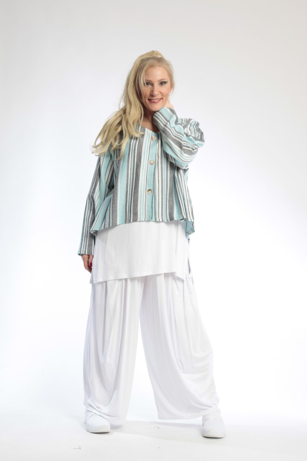  AKH Fashion Jacke in gerundeter Form, aus Viskose, 0805.00130, Türkis, Streifen, Schick