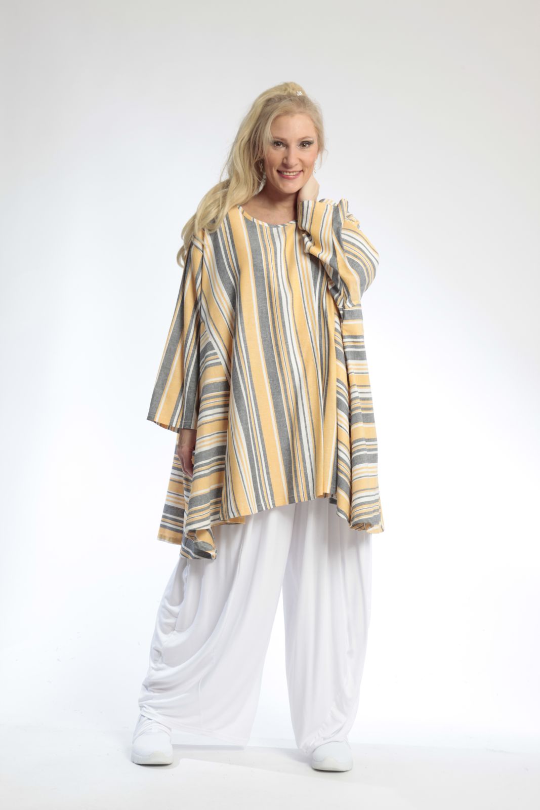  A-Form Bigshirt von AKH Fashion aus Viskose, 0805.00593, Gelb, Streifen, Schick, Modern