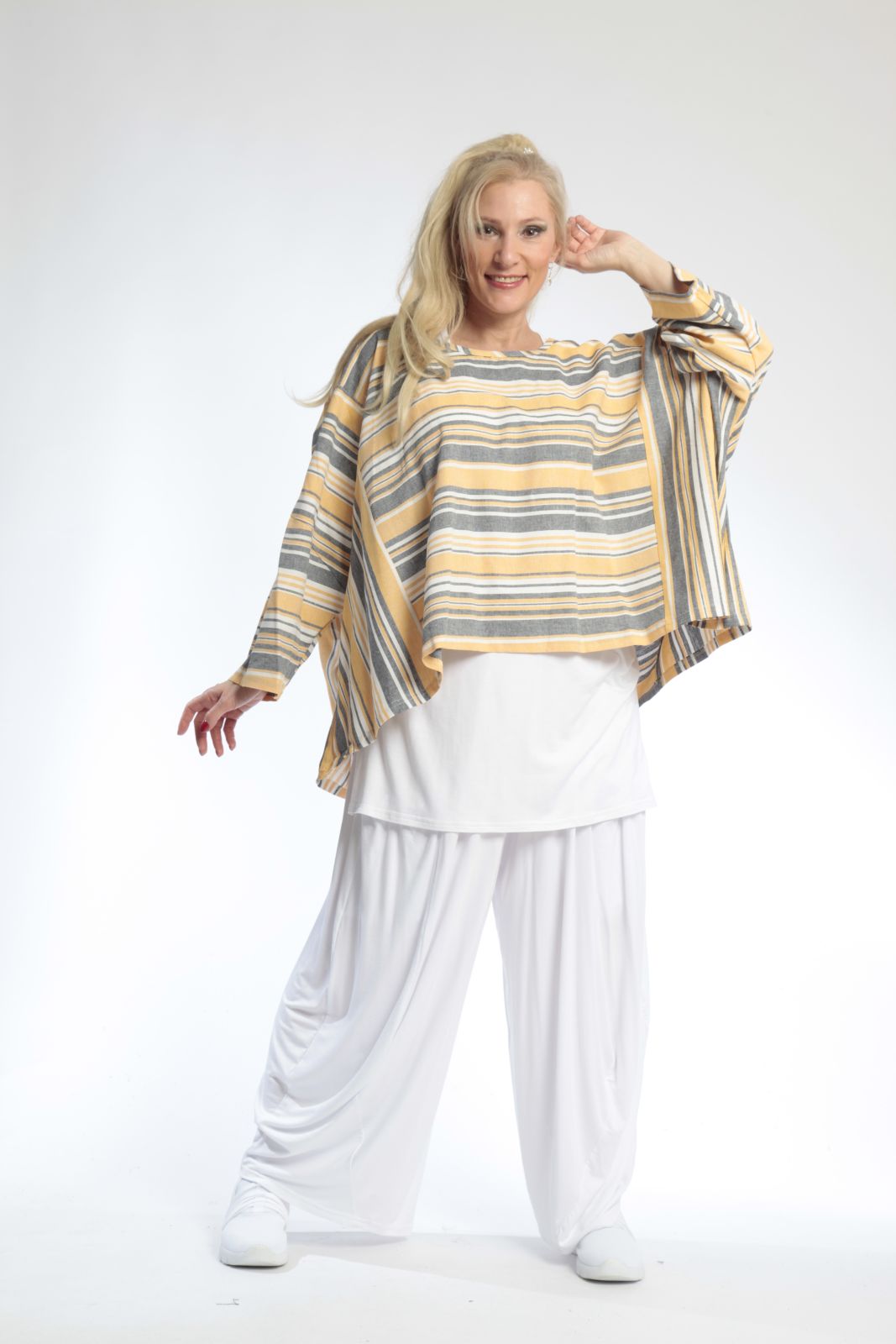  AKH Fashion Bigshirt in kastiger Form, aus Viskose, 0805.03018, Gelb, Streifen, Schick
