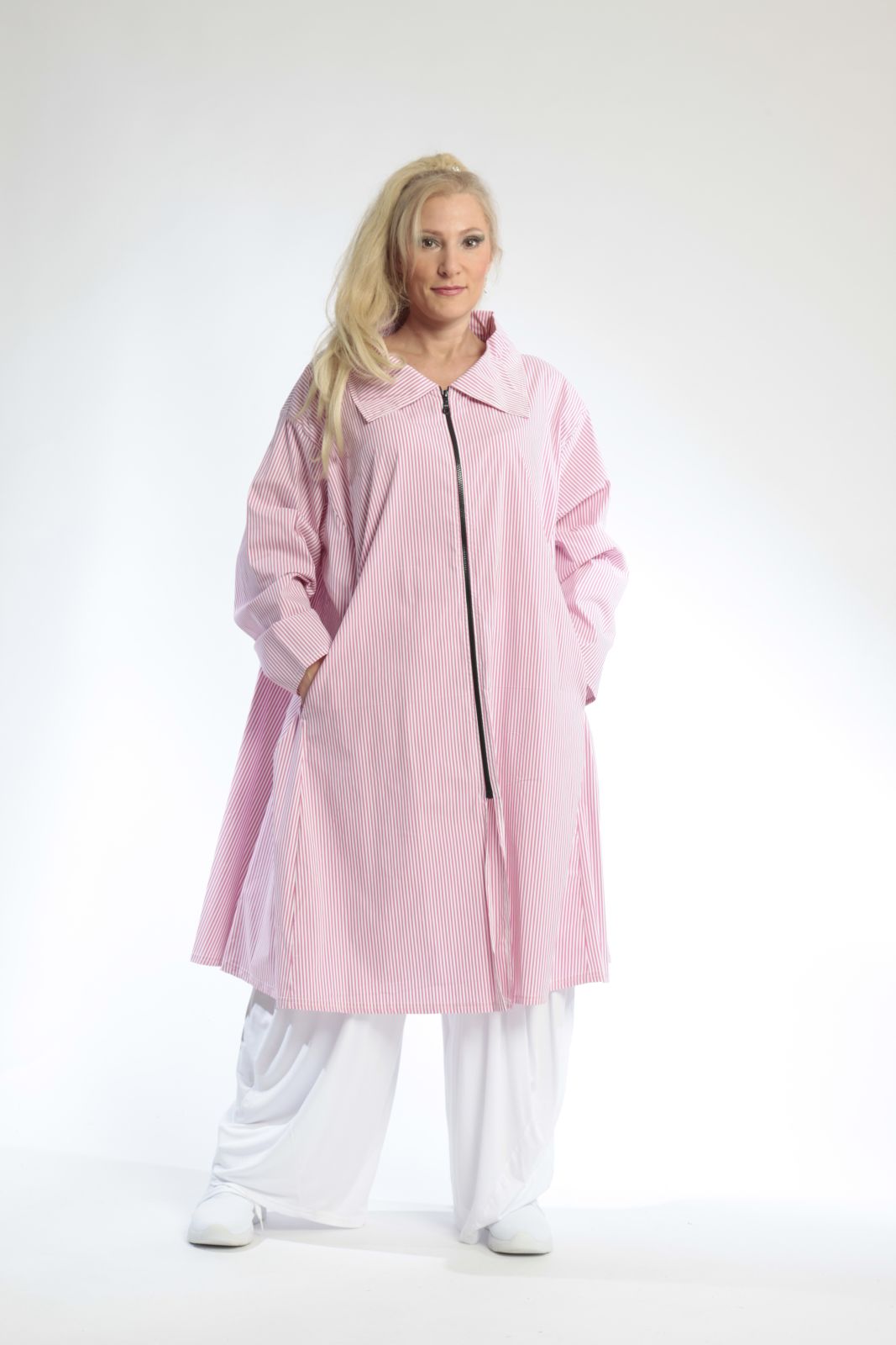  A-Form Bluse von AKH Fashion aus Baumwolle, 0688.06606, Pink-Weiß, Streifen, Ausgefallen