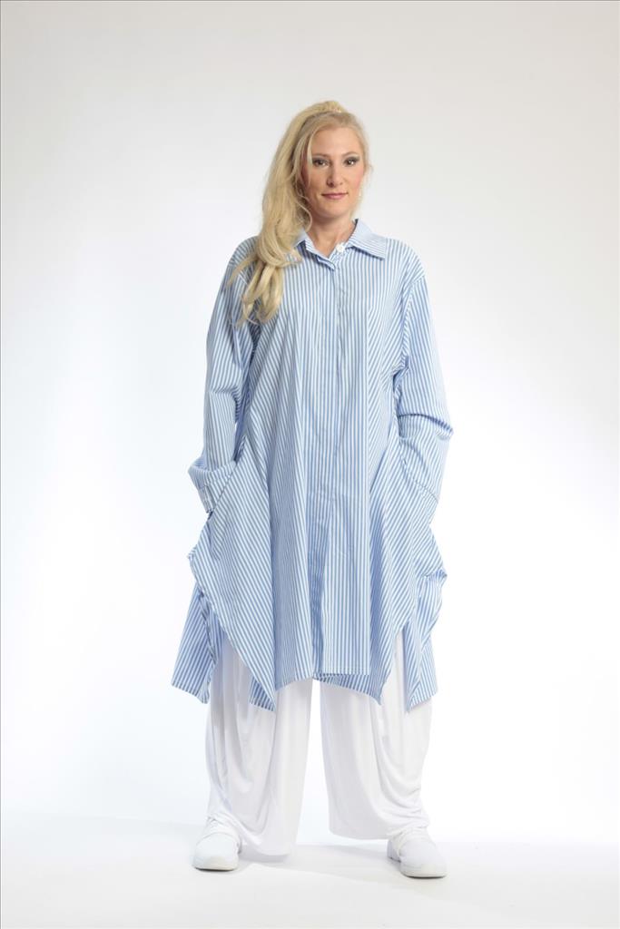  A-Form Bluse von AKH Fashion aus Baumwolle, 0688.07505, Blau-Weiß, Streifen, Ausgefallen