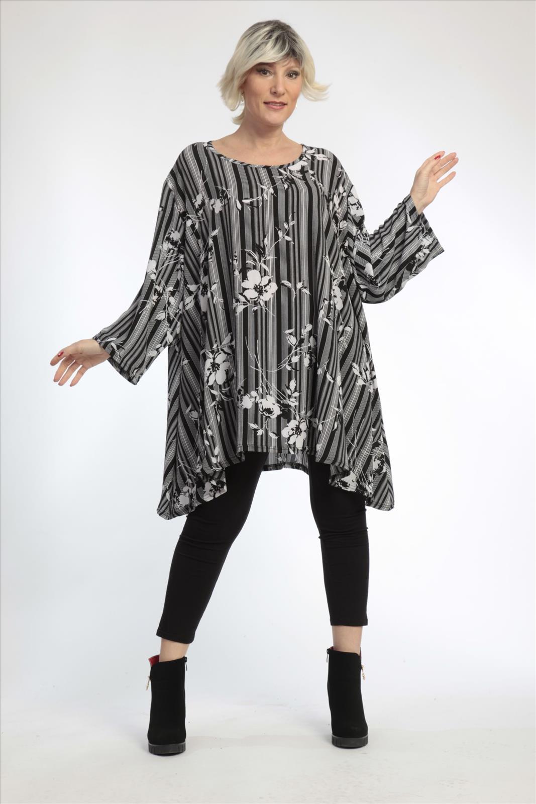  A-Form Bigshirt von AKH Fashion aus Materialmix, 0828.00593, Schwarz-Weiß, Streifen, Schick