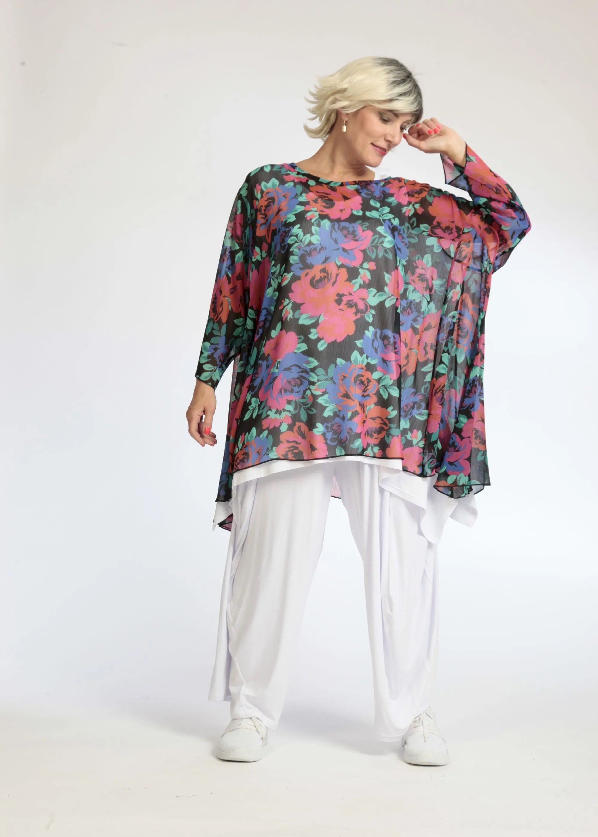 A-Form Bigshirt von AKH Fashion aus Polyester, 1076.00593, Schwarz-Rot-Blau, Blumen, Schick