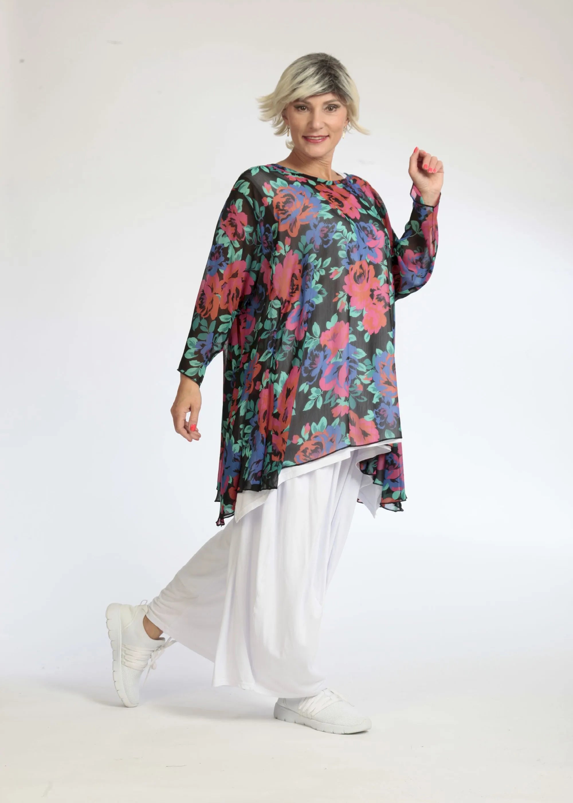  A-Form Bigshirt von AKH Fashion aus Polyester, 1076.00593, Schwarz-Rot-Blau, Blumen, Schick