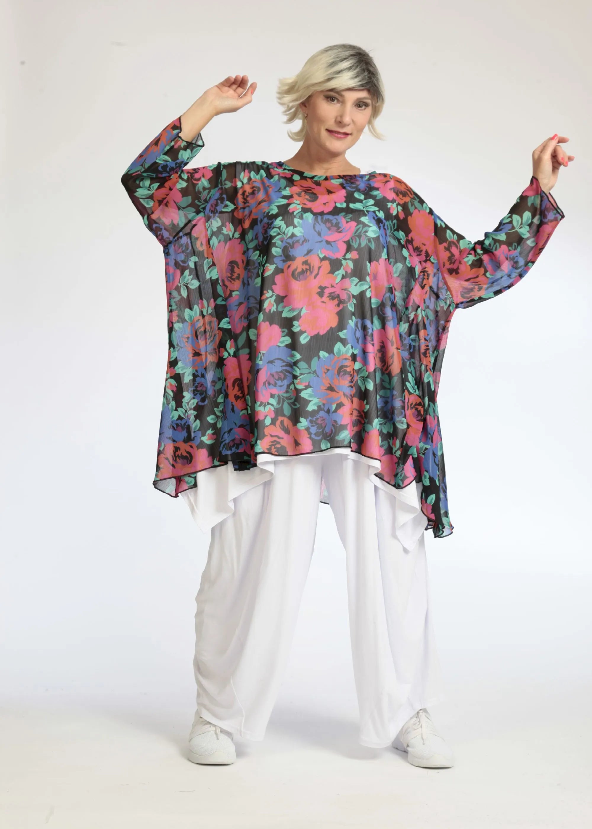  A-Form Bigshirt von AKH Fashion aus Polyester, 1076.00593, Schwarz-Rot-Blau, Blumen, Schick