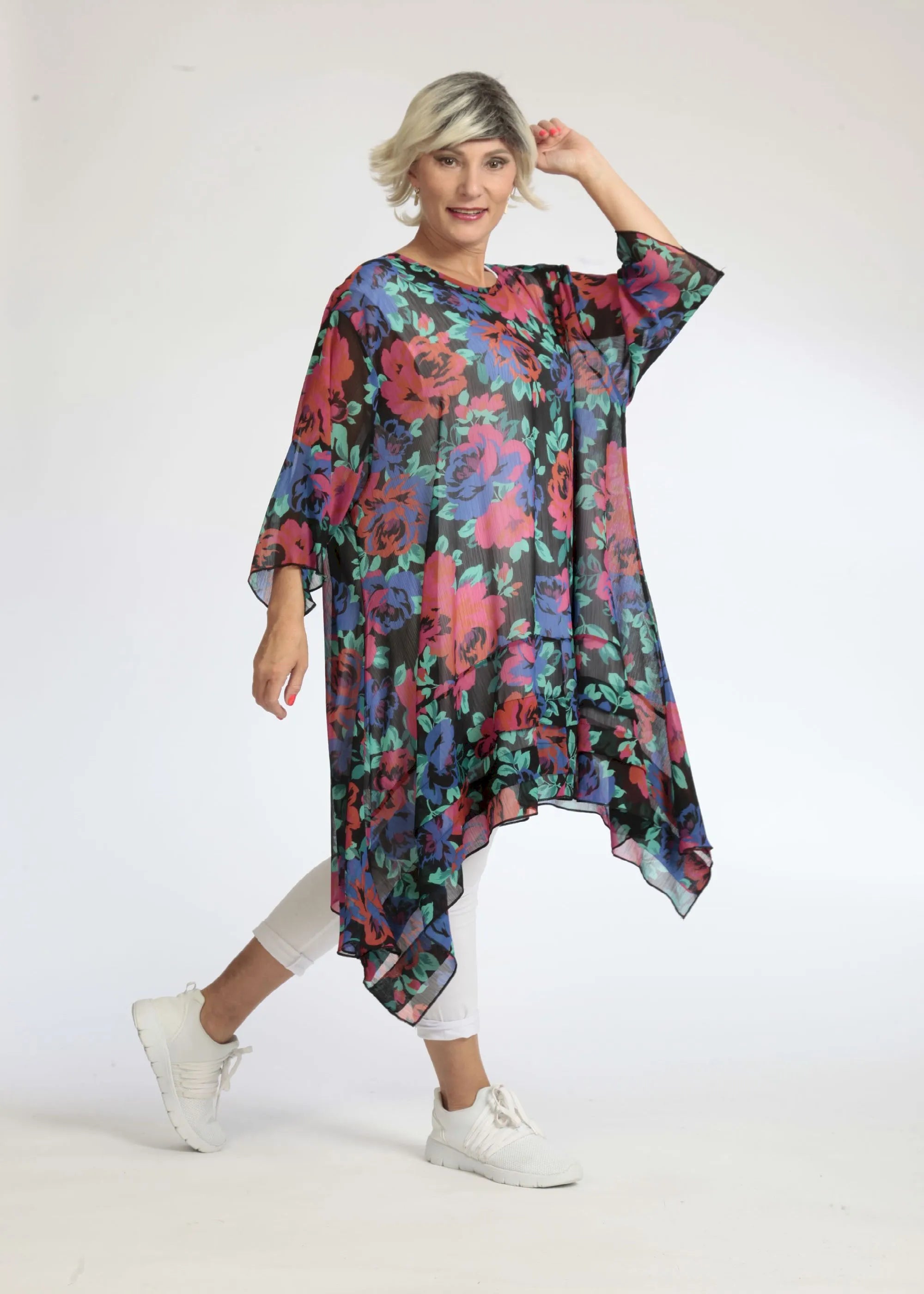  A-Form Bigshirt von AKH Fashion aus Polyester, 1076.06567, Schwarz-Rot-Blau, Blumen, Schick