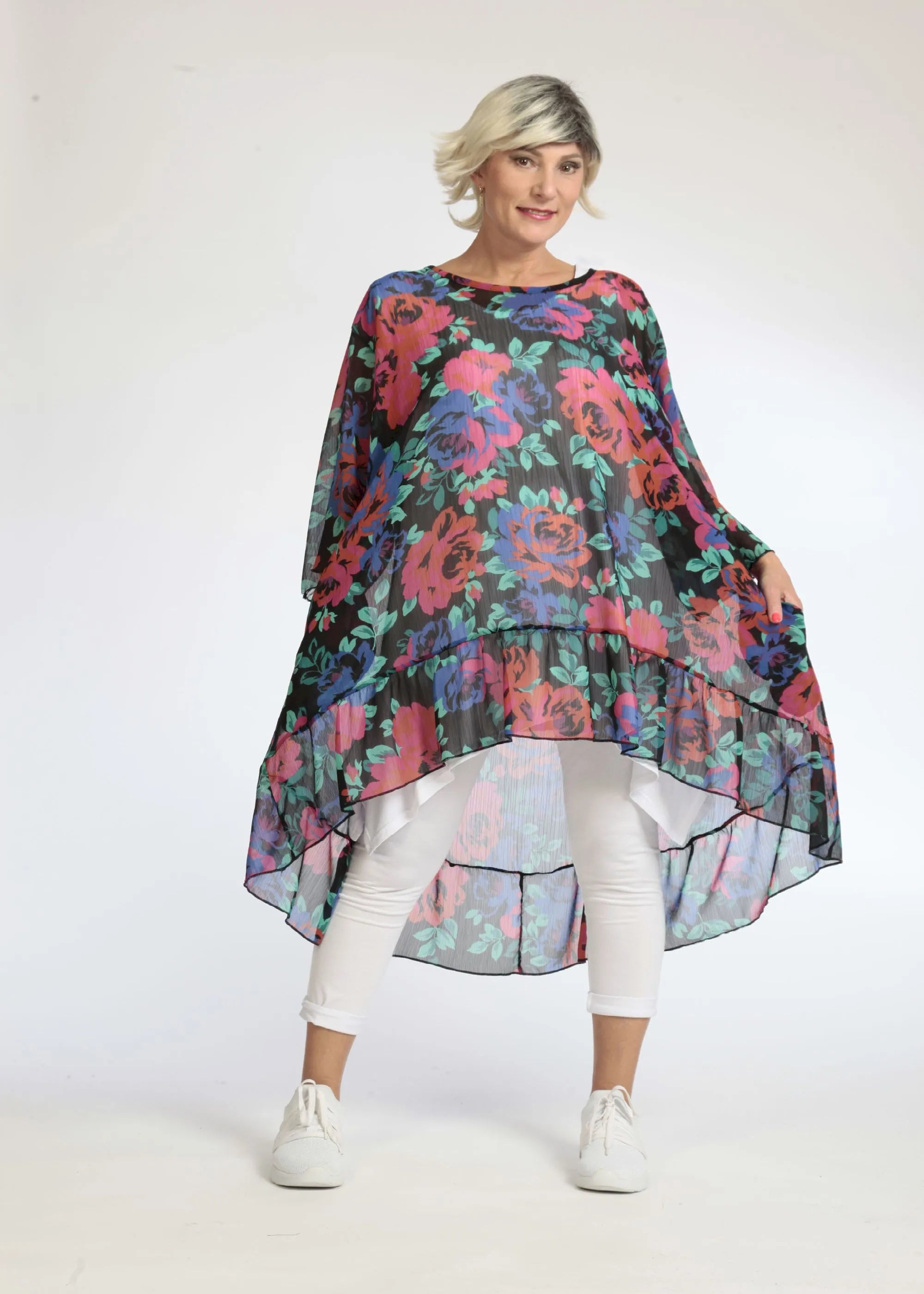  AKH Fashion Bigshirt in Vokuhila-Form, aus Polyester, 1076.06837, Schwarz-Rot-Blau, Blumen