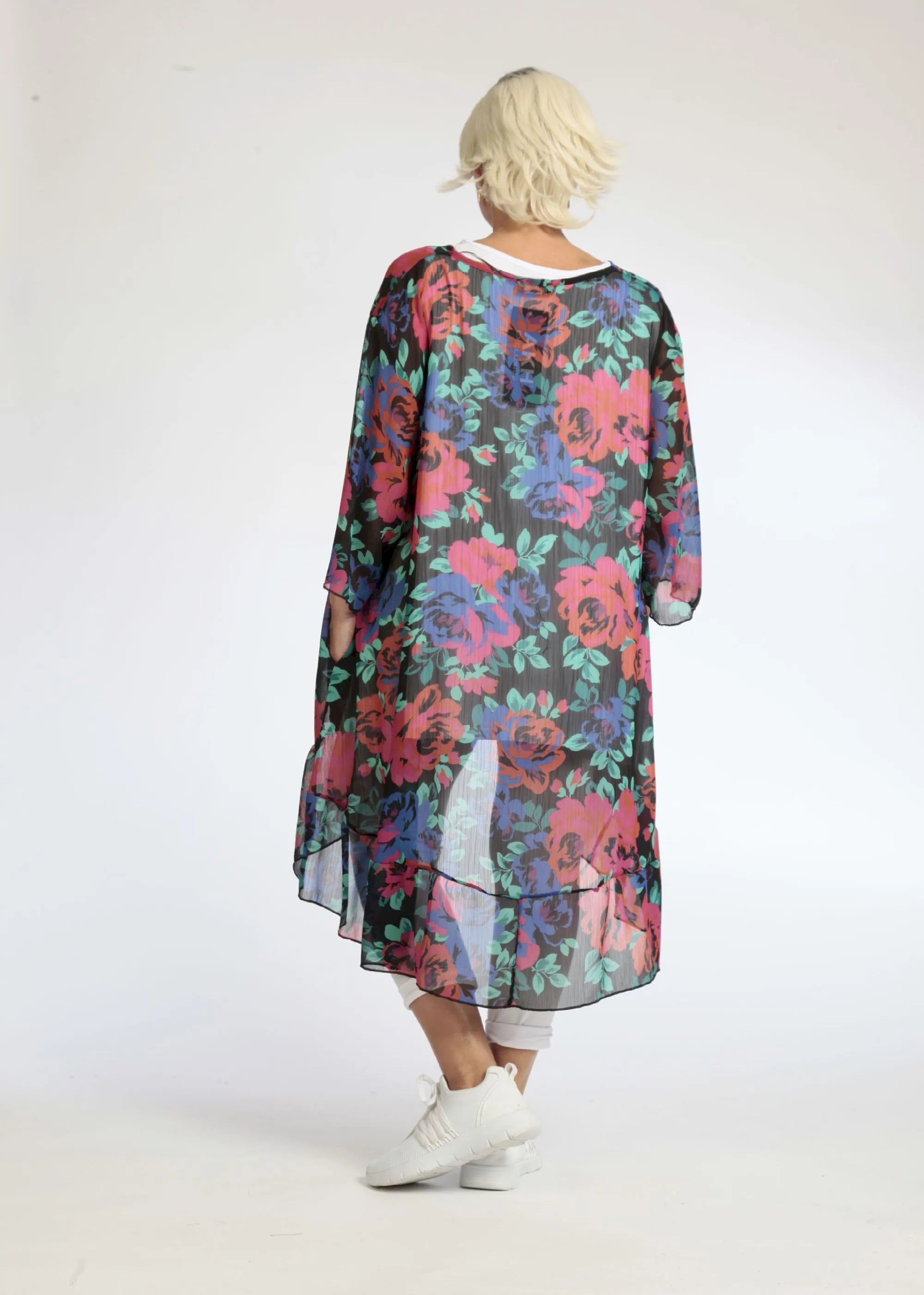  AKH Fashion Bigshirt in Vokuhila-Form, aus Polyester, 1076.06837, Schwarz-Rot-Blau, Blumen