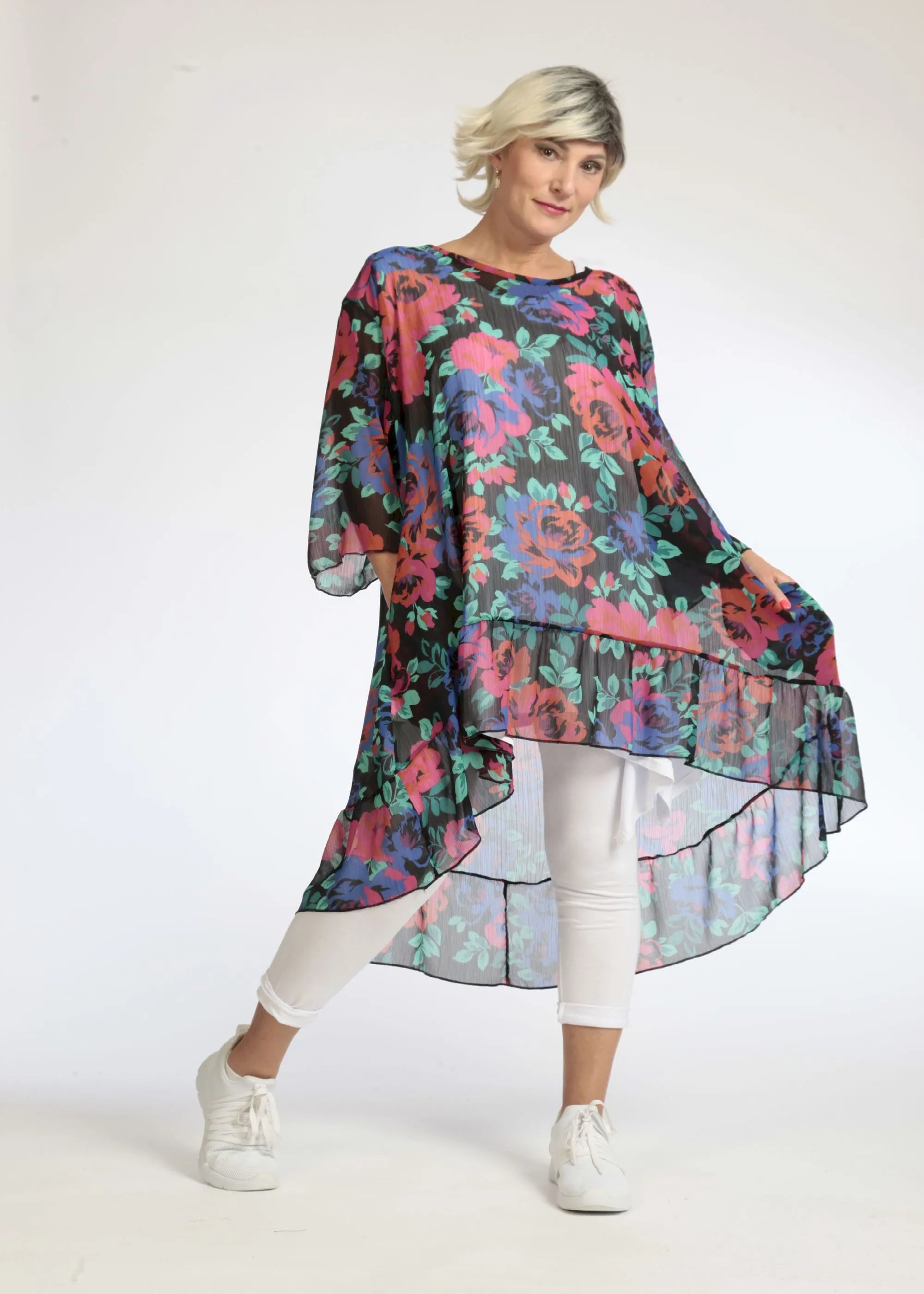  AKH Fashion Bigshirt in Vokuhila-Form, aus Polyester, 1076.06837, Schwarz-Rot-Blau, Blumen