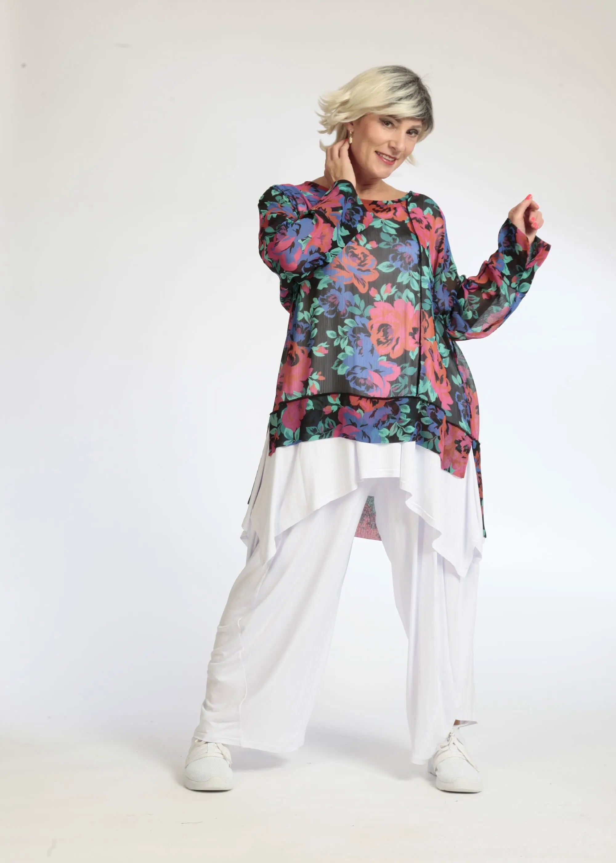  AKH Fashion Shirt in gerader Form, aus Polyester, 1076.06839, Schwarz-Rot-Blau, Blumen
