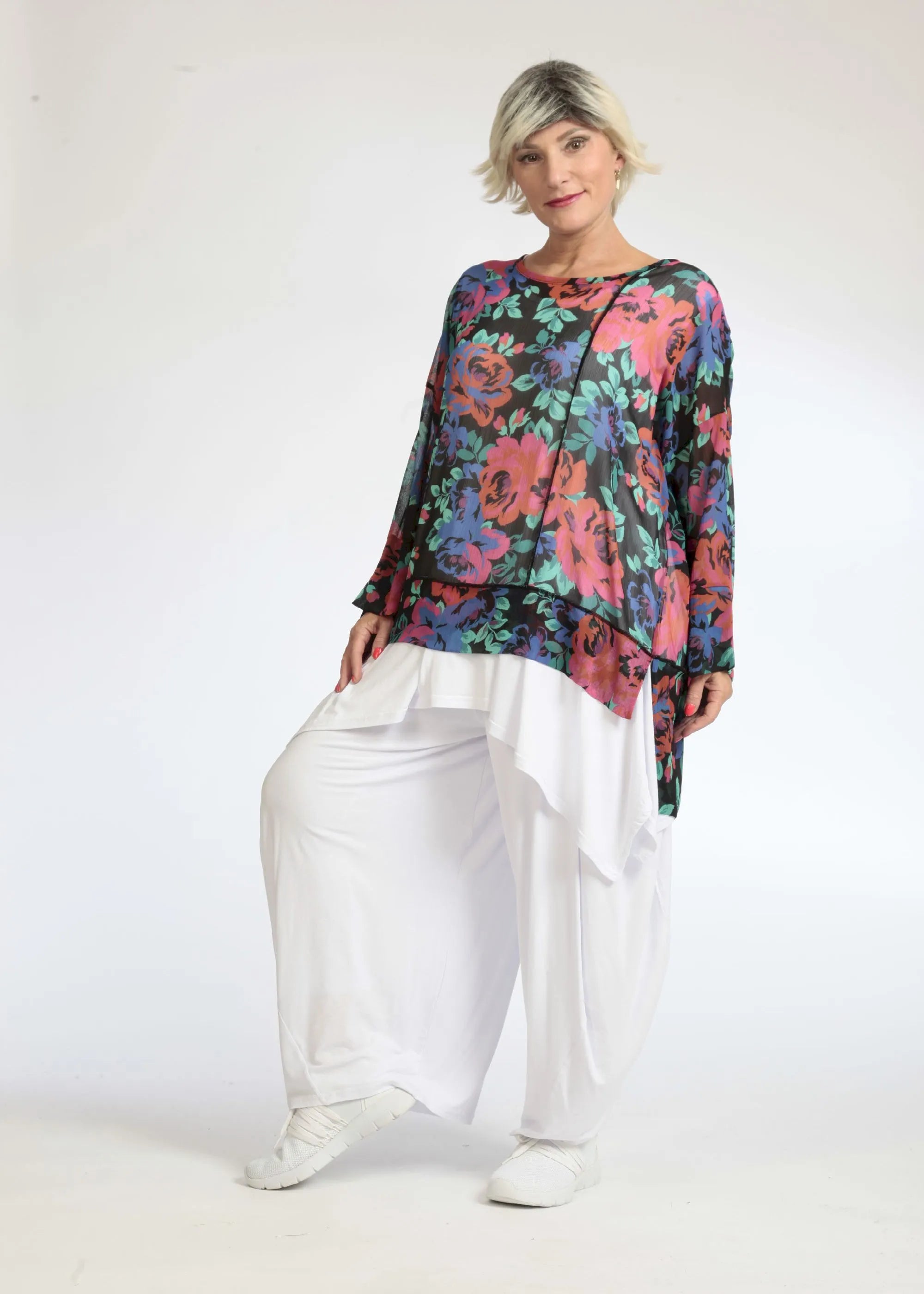  AKH Fashion Shirt in gerader Form, aus Polyester, 1076.06839, Schwarz-Rot-Blau, Blumen