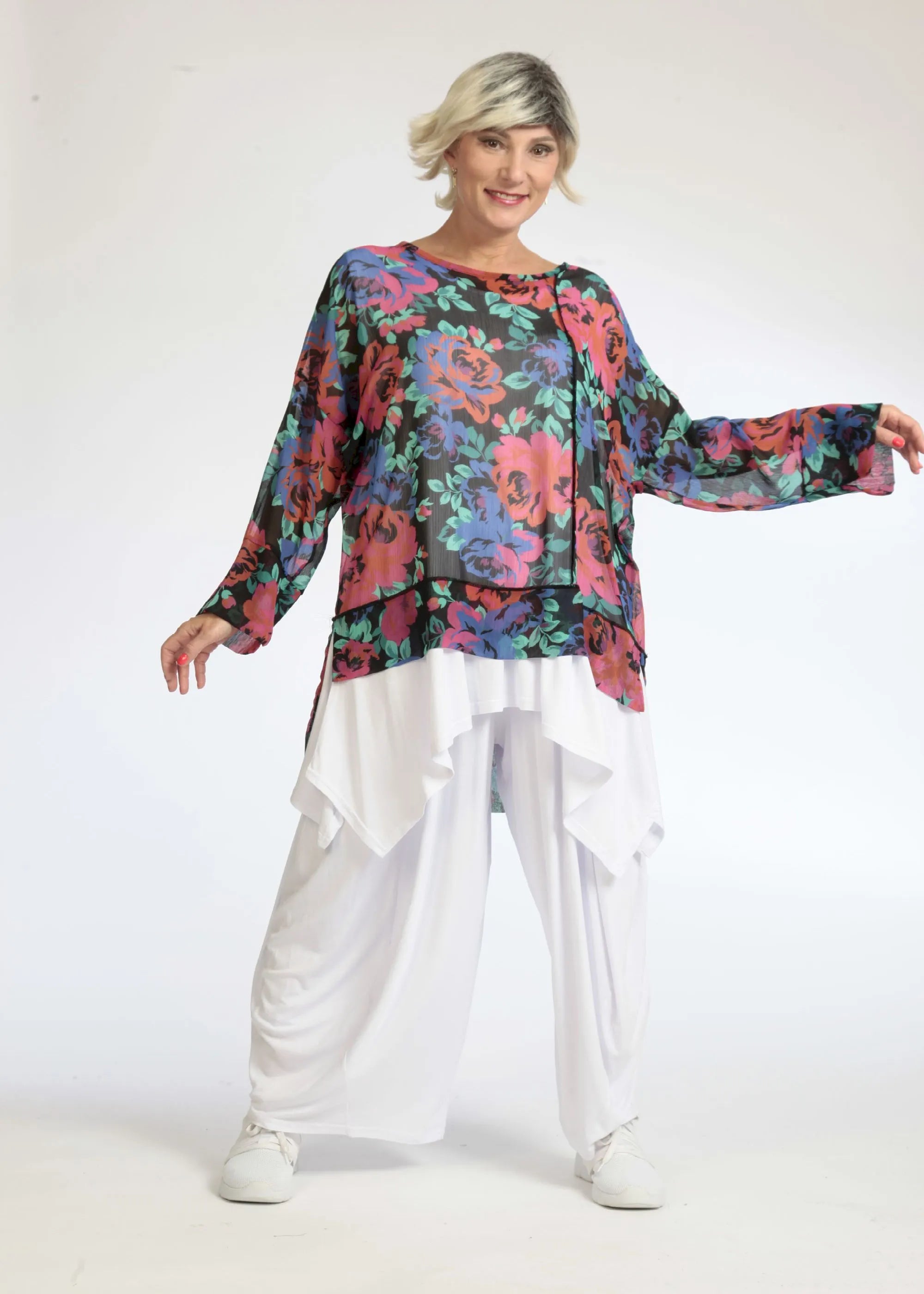  AKH Fashion Shirt in gerader Form, aus Polyester, 1076.06839, Schwarz-Rot-Blau, Blumen
