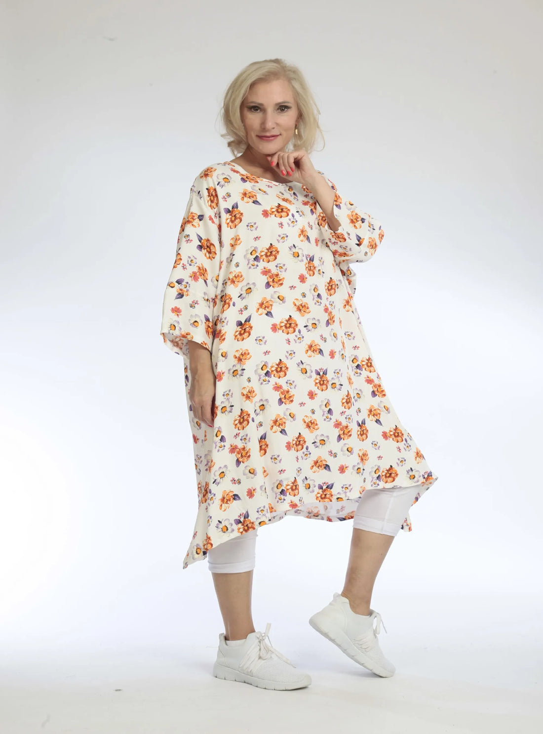  A-Form Bigshirt von AKH Fashion aus Viskose, 1103.02666, Orange, Blumen, Ausgefallen, Modern