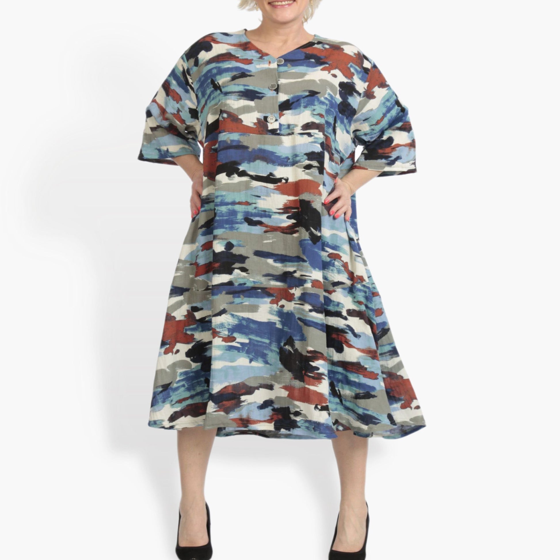  A-Form Kleid von AKH Fashion aus Rayon, 0840.00921, Blau-Multi, Kamuflage, Schick, Modern