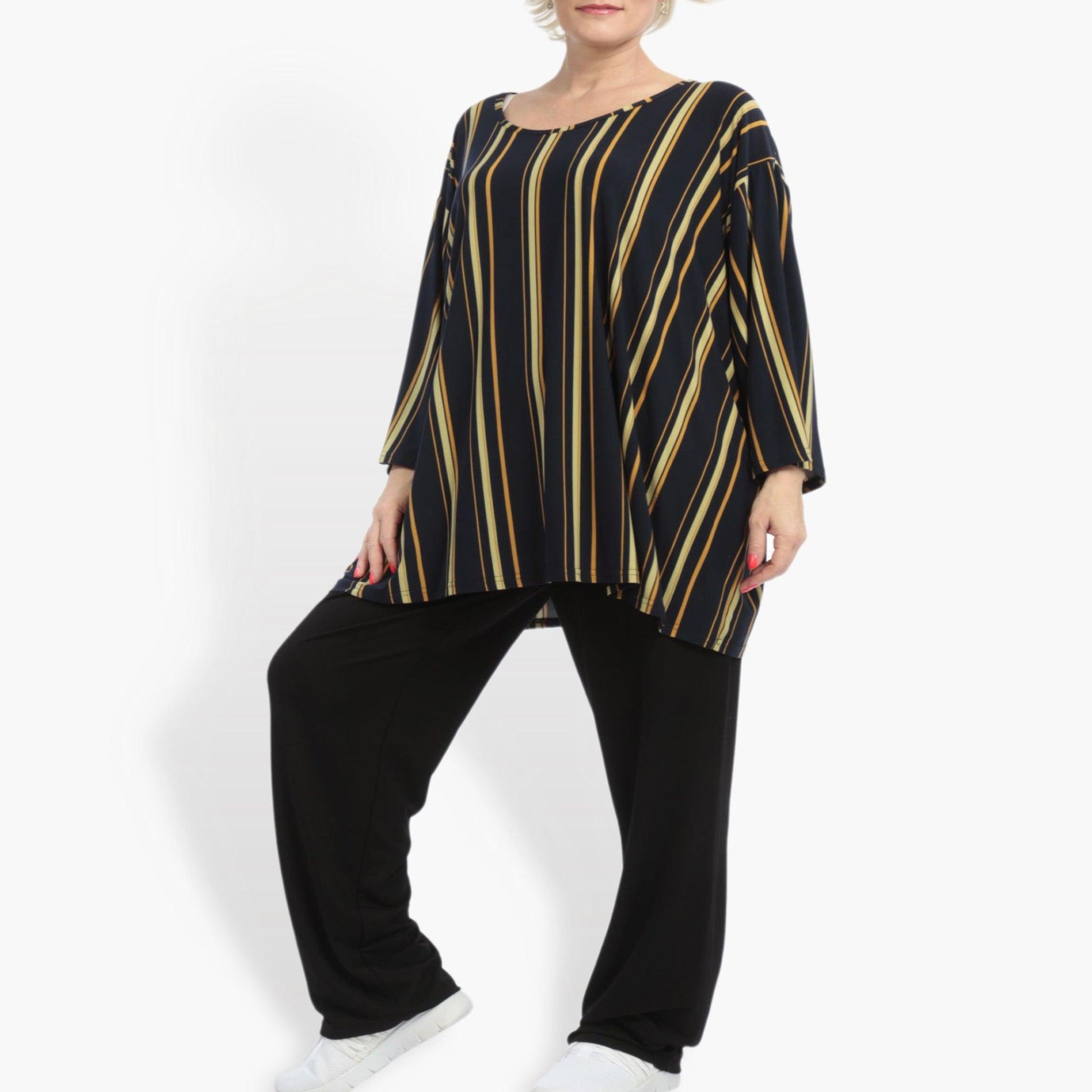  Kastiges Shirt in Marine-Gelb mit Streifen, 3/4-Ärmeln, ideal für Lagenlooks und Plus Size