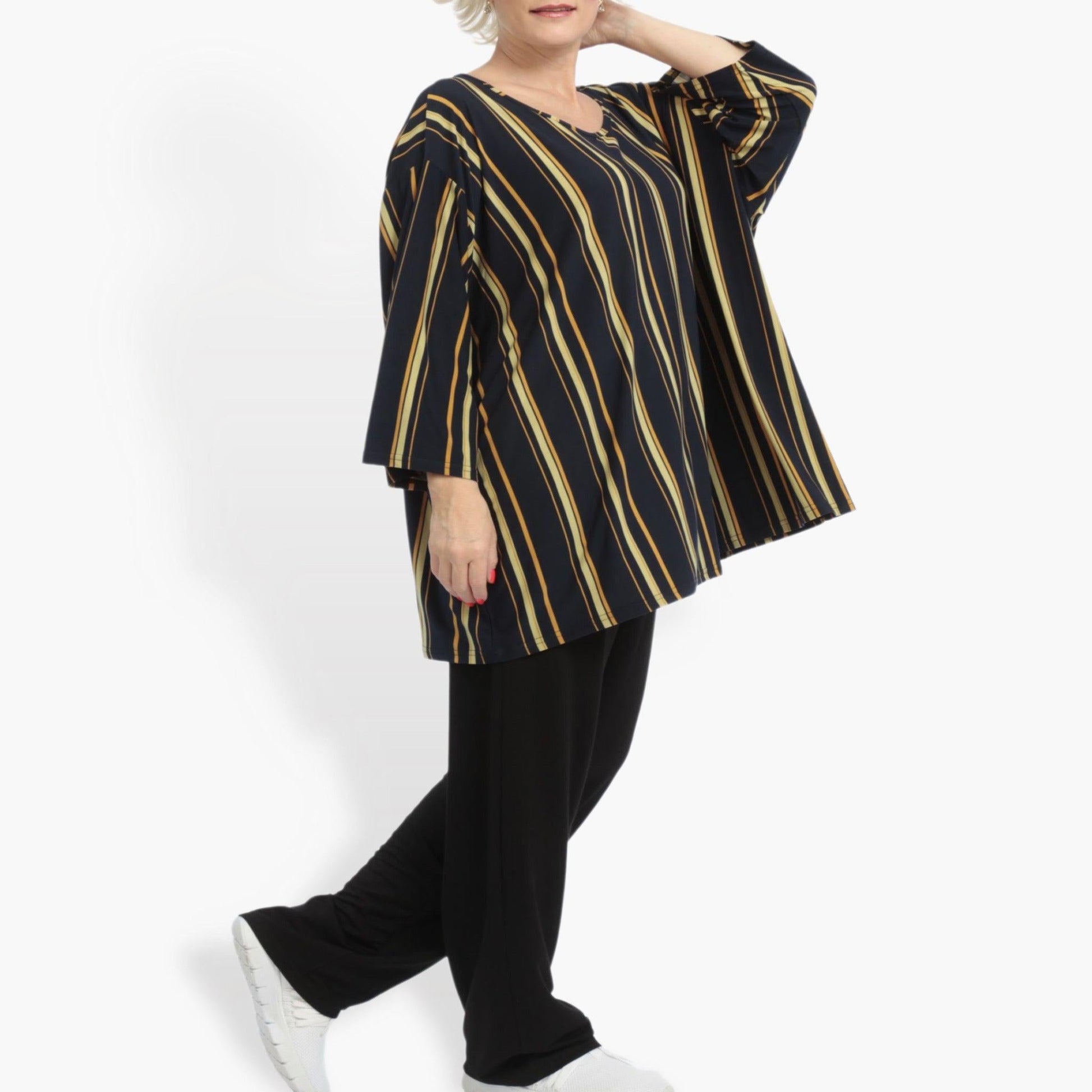  Kastiges Shirt in Marine-Gelb mit Streifen, 3/4-Ärmeln, ideal für Lagenlooks und Plus Size