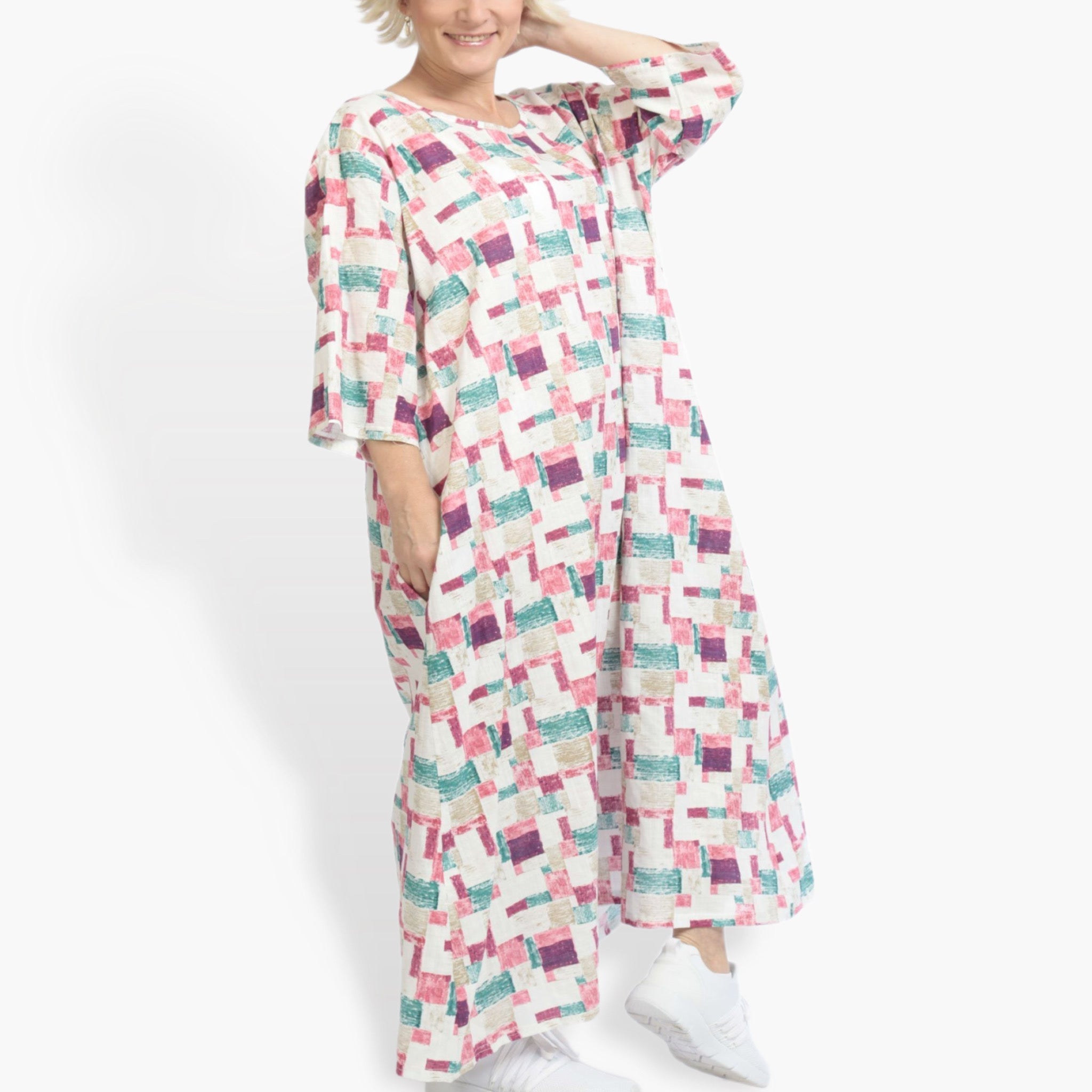  Ballonkleid von AKH Fashion aus Viskose, 0871.06790, Weiß-Pink, Kariert, Schick, Modern