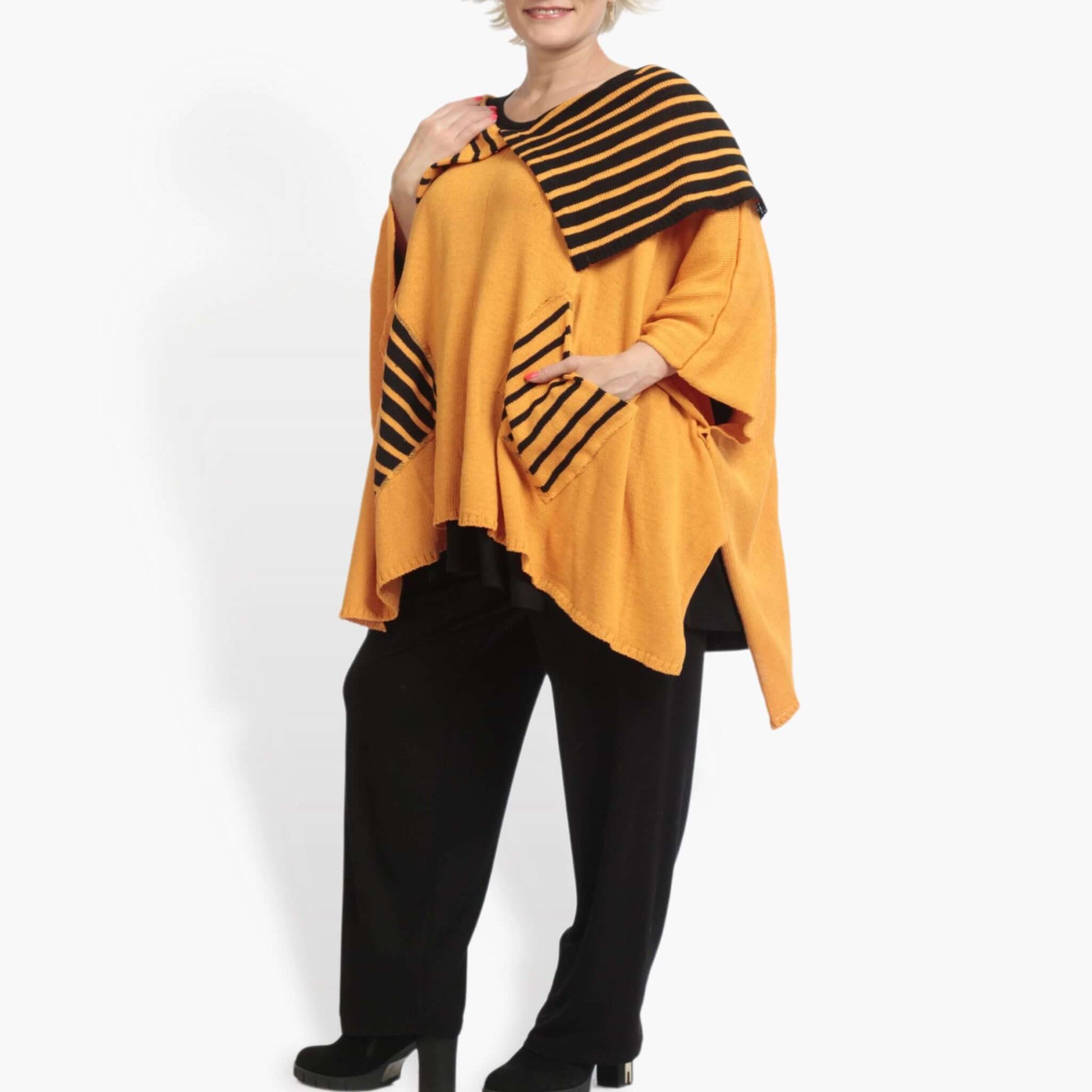  Kastiger Pullover im Lagenlook aus weicher Baumwolle in leuchtendem Orange-Schwarz für Plus-Size