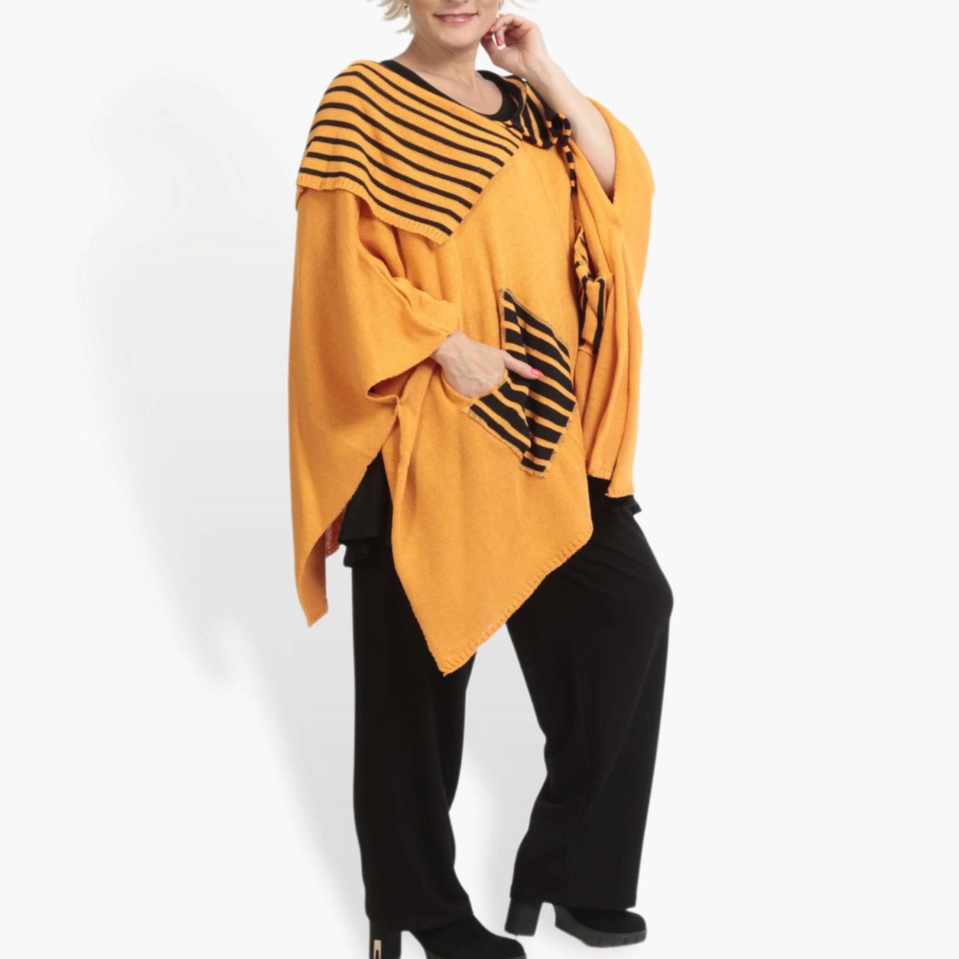  Kastiger Pullover im Lagenlook aus weicher Baumwolle in leuchtendem Orange-Schwarz für Plus-Size