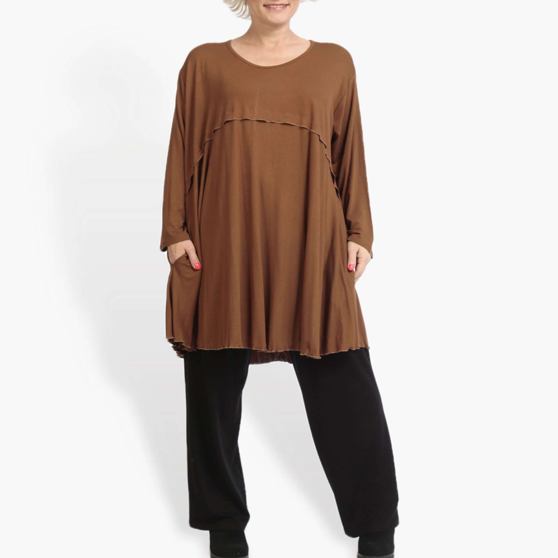  A-Form Shirt von AKH Fashion aus Viskose, 0886.06801, Cognac, Unifarben, Schick, Modern