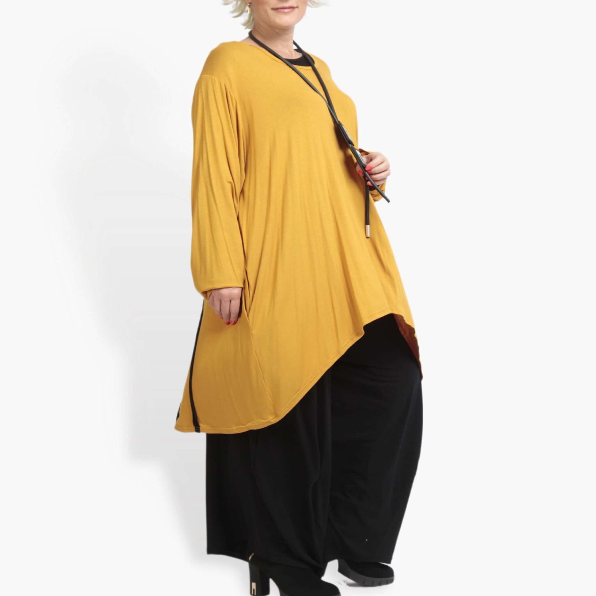  Shirt von AKH Fashion aus Viskose in Vokuhila-Form, 0887.06589, Senf, Unifarben, Schick