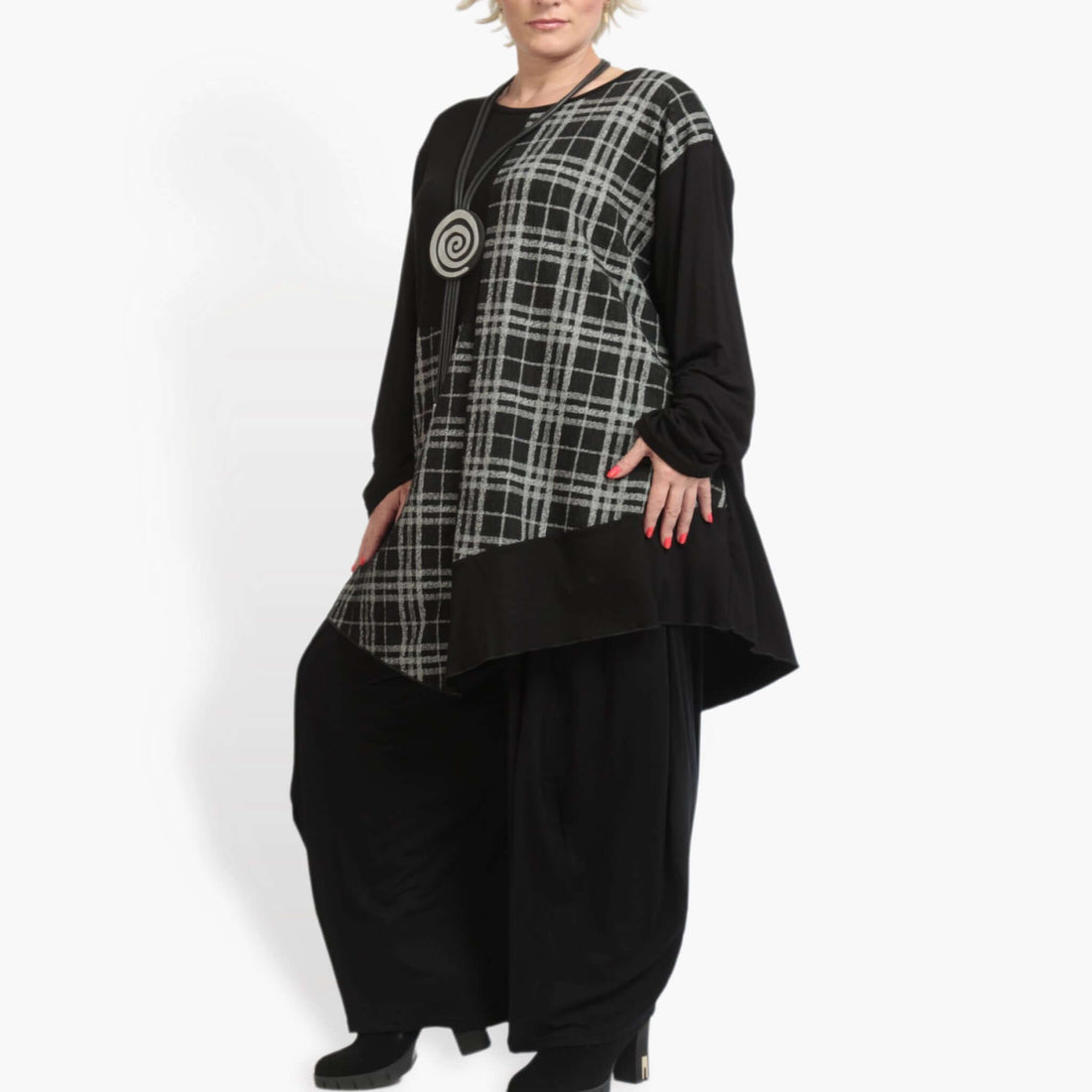  A-Form Shirt von AKH Fashion aus Viskose, 0899.00516, Schwarz-Grau, Kariert, Ausgefallen