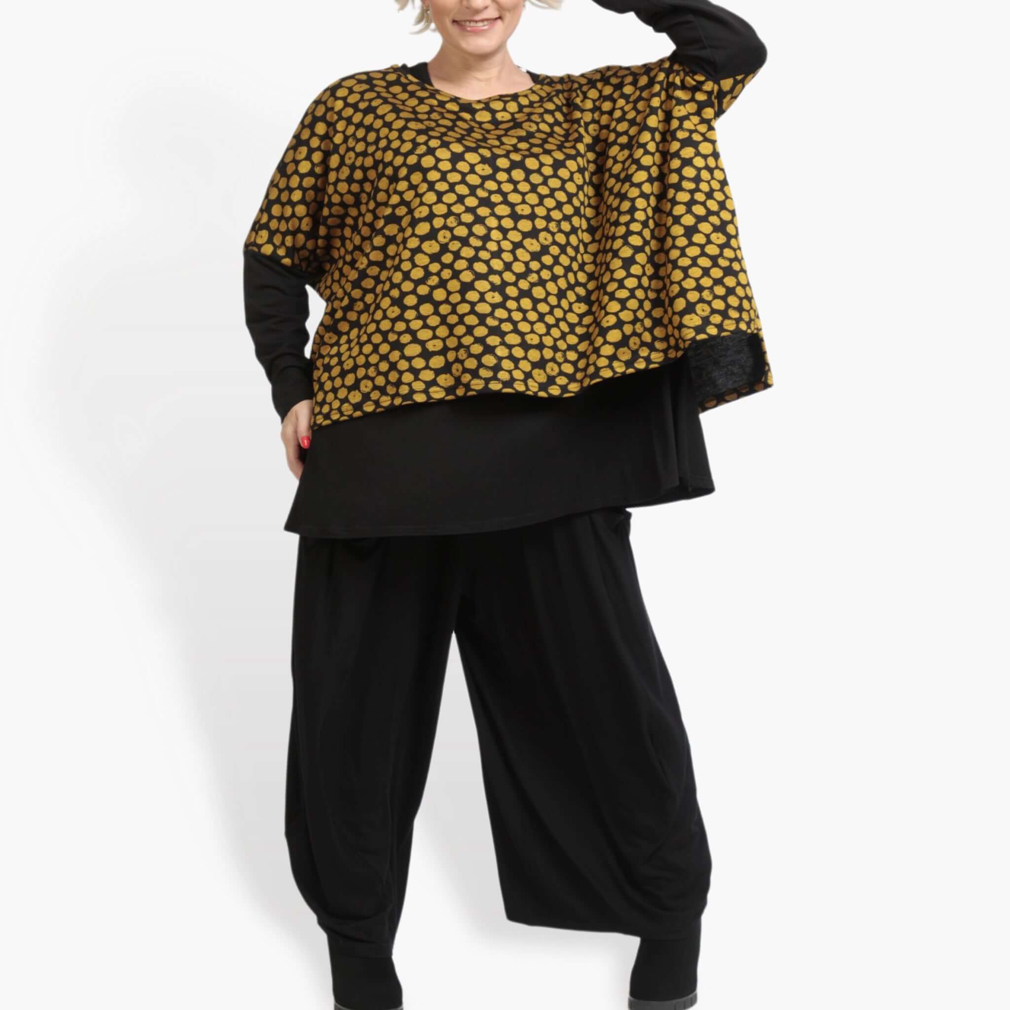  AKH Fashion Bigshirt in kastiger Form, aus Viskose, 0911.06721, Schwarz-Gelb, Punkte, Schick