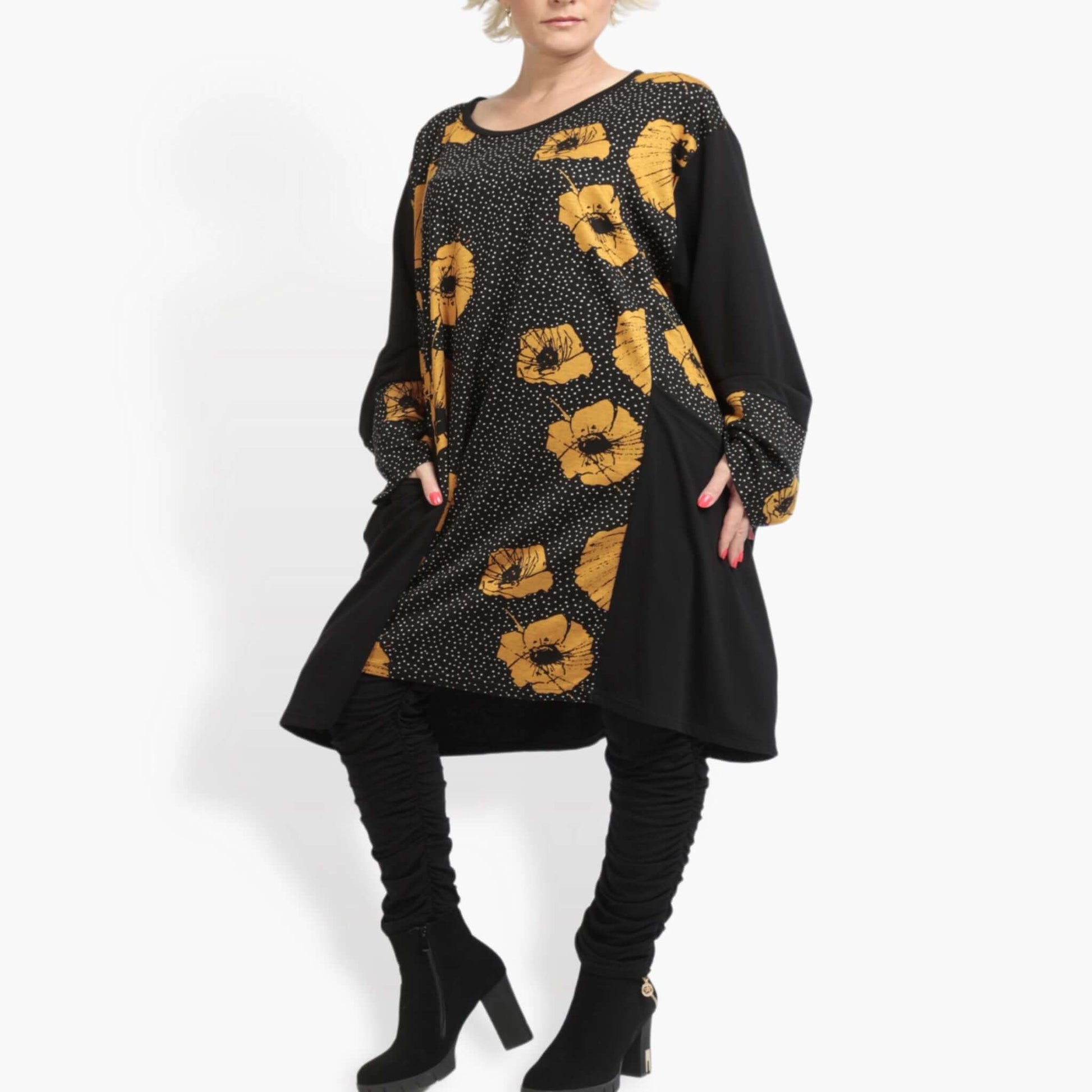  BallonBigshirt von AKH Fashion aus Viskose, 0914.06660, Schwarz-Gelb, Blumen, Schick, Modern