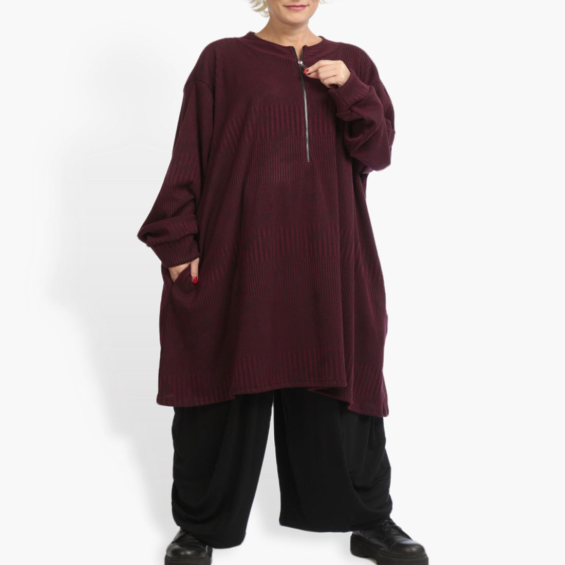  Bigshirt von AKH Fashion aus Materialmix in kastiger Form, 0941.06818, Weinrot, Ausgefallen