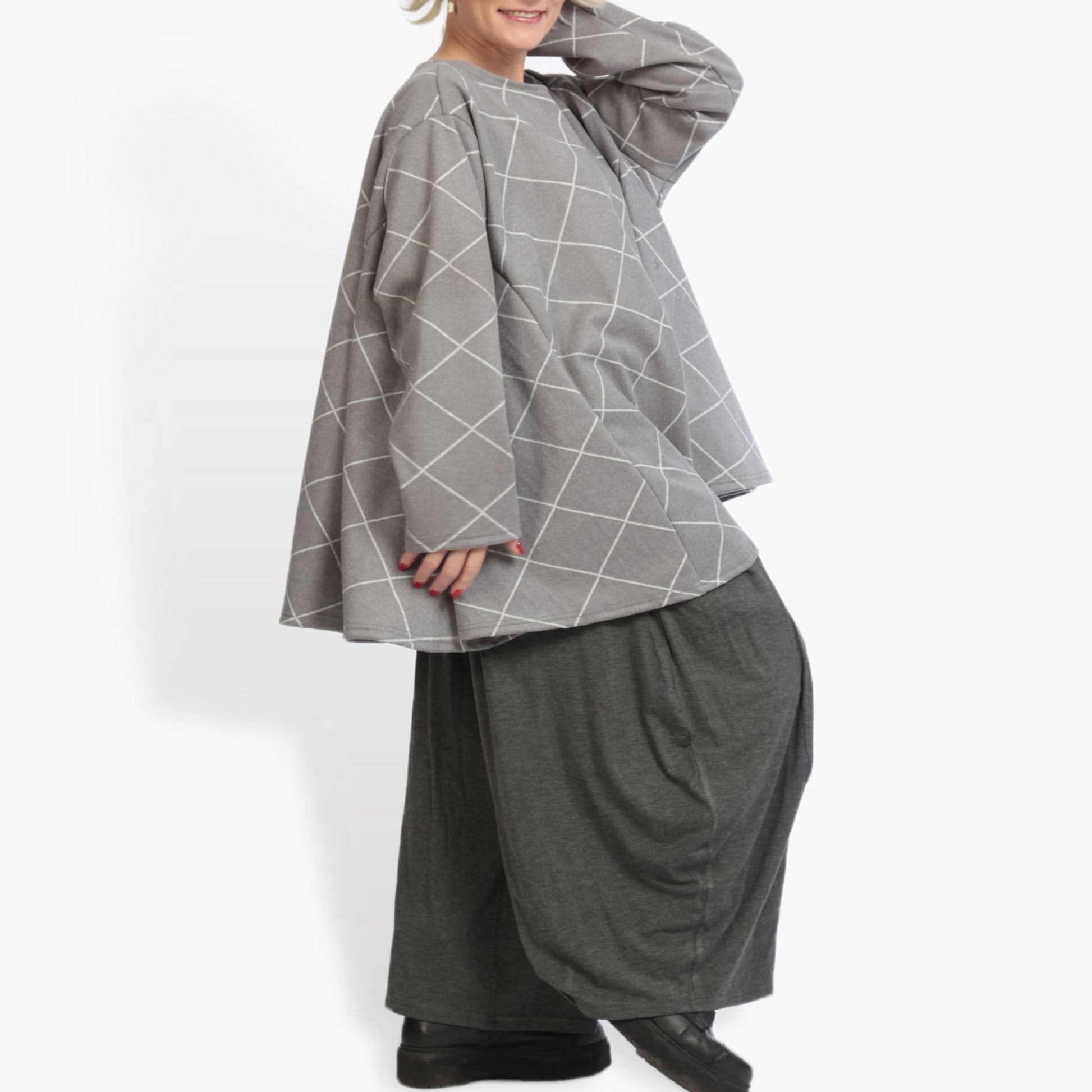  A-Form Bigshirt von AKH Fashion aus Materialmix, 0943.00593, Grau, Kariert, Schick, Modern