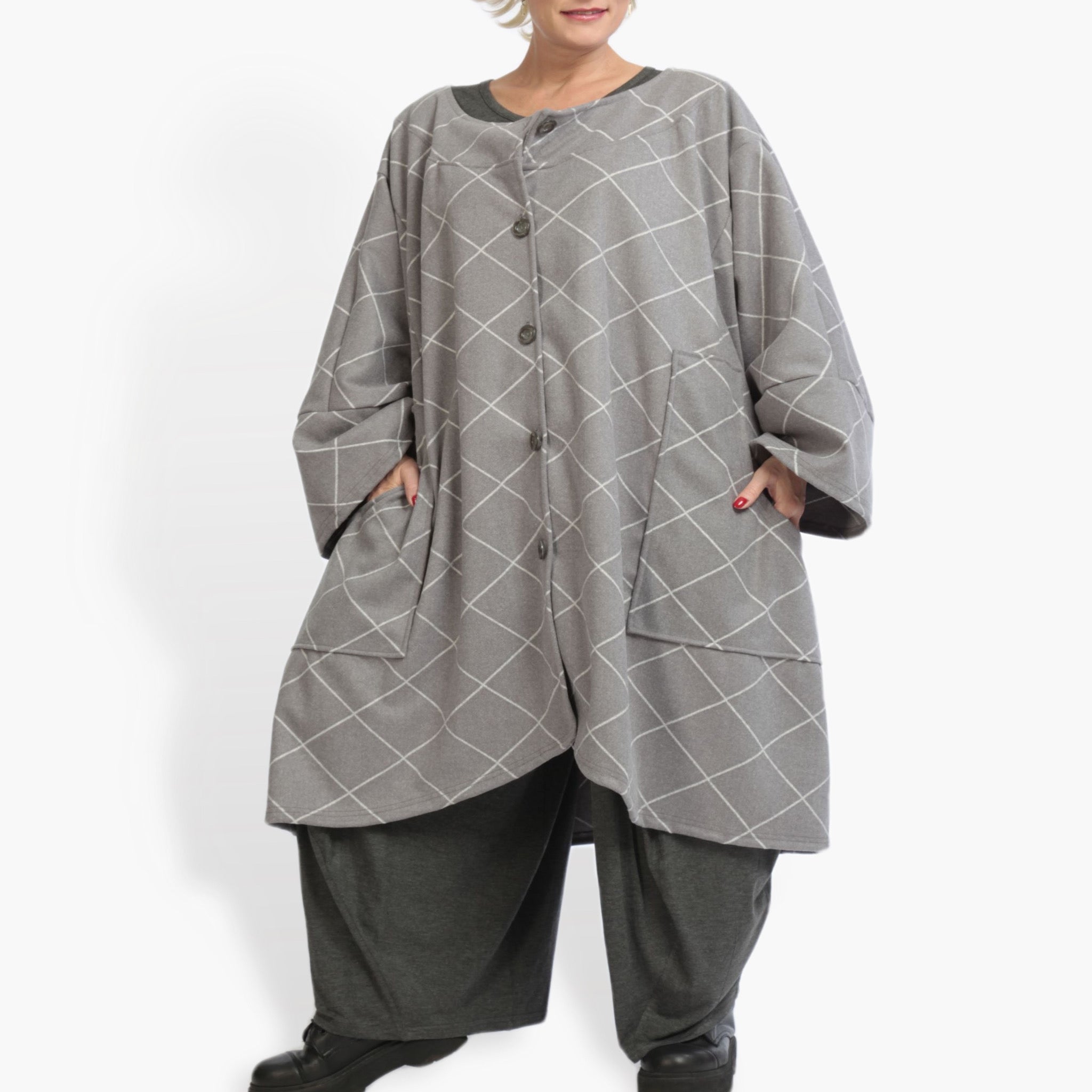  AKH Fashion Mantel in kastiger Form, aus Materialmix, 0943.06817, Grau, Kariert, Schick