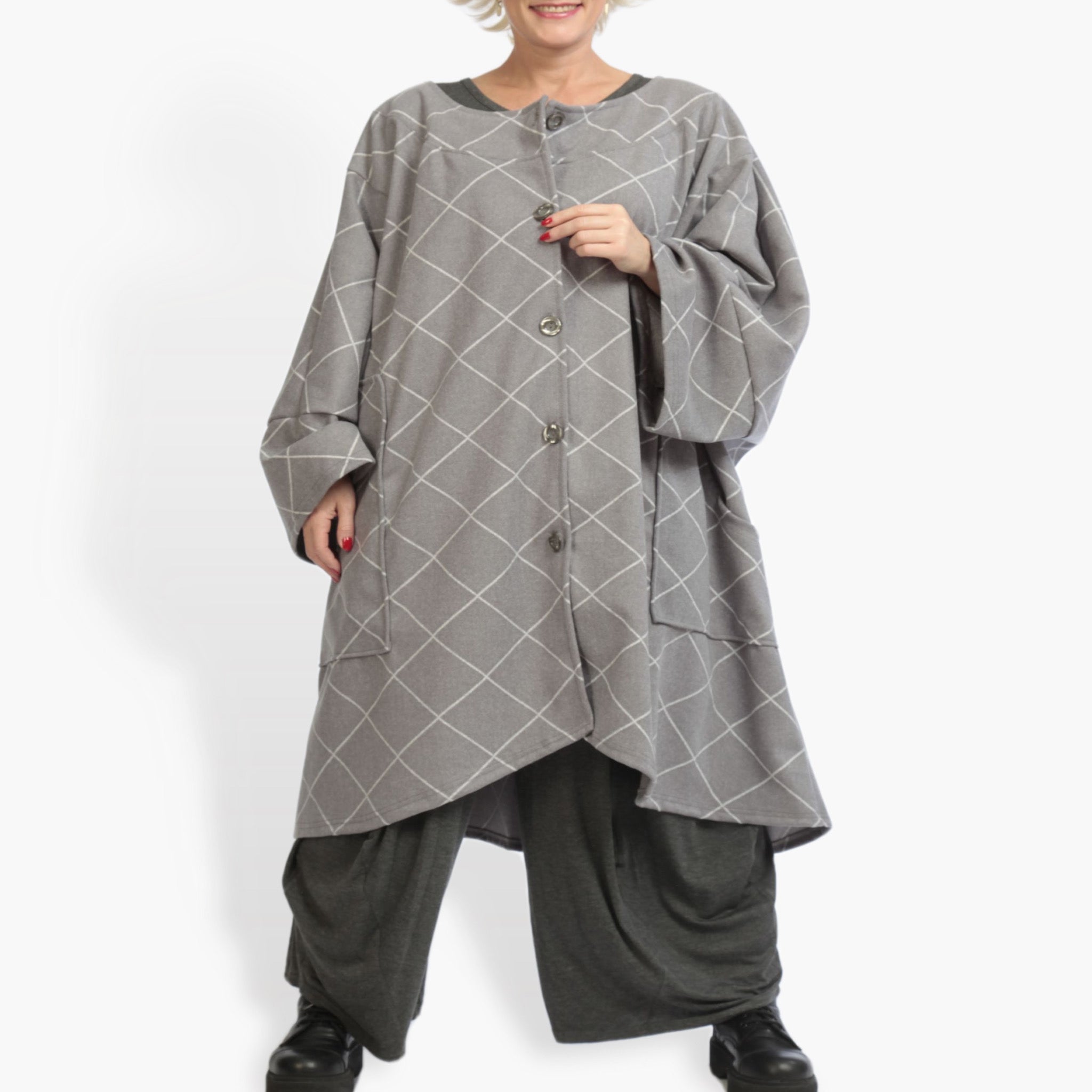  AKH Fashion Mantel in kastiger Form, aus Materialmix, 0943.06817, Grau, Kariert, Schick